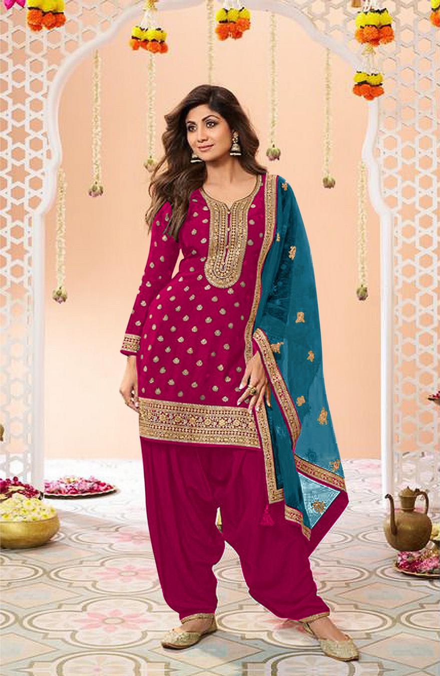 Pink Jacquard Silk Patiala Suit