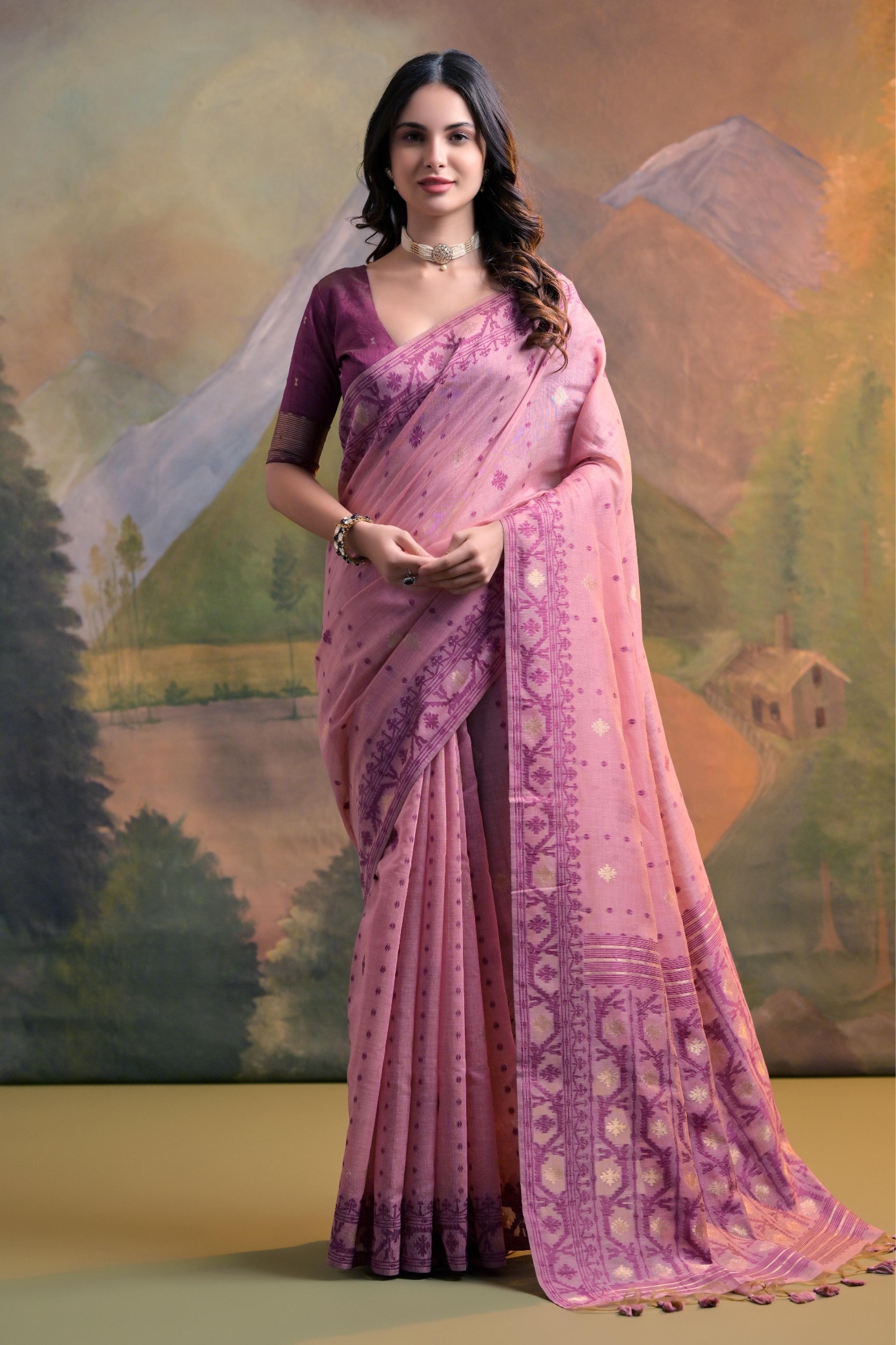 Pink Jamdani Muga Cotton Saree