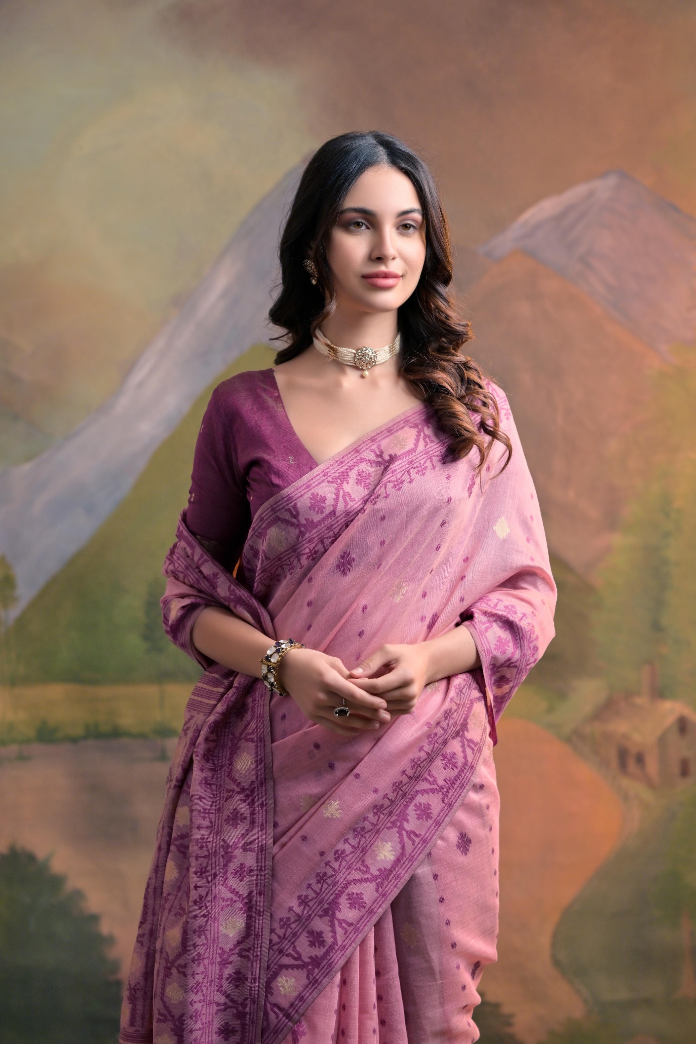 Pink Jamdani Muga Cotton Saree — alternate view
