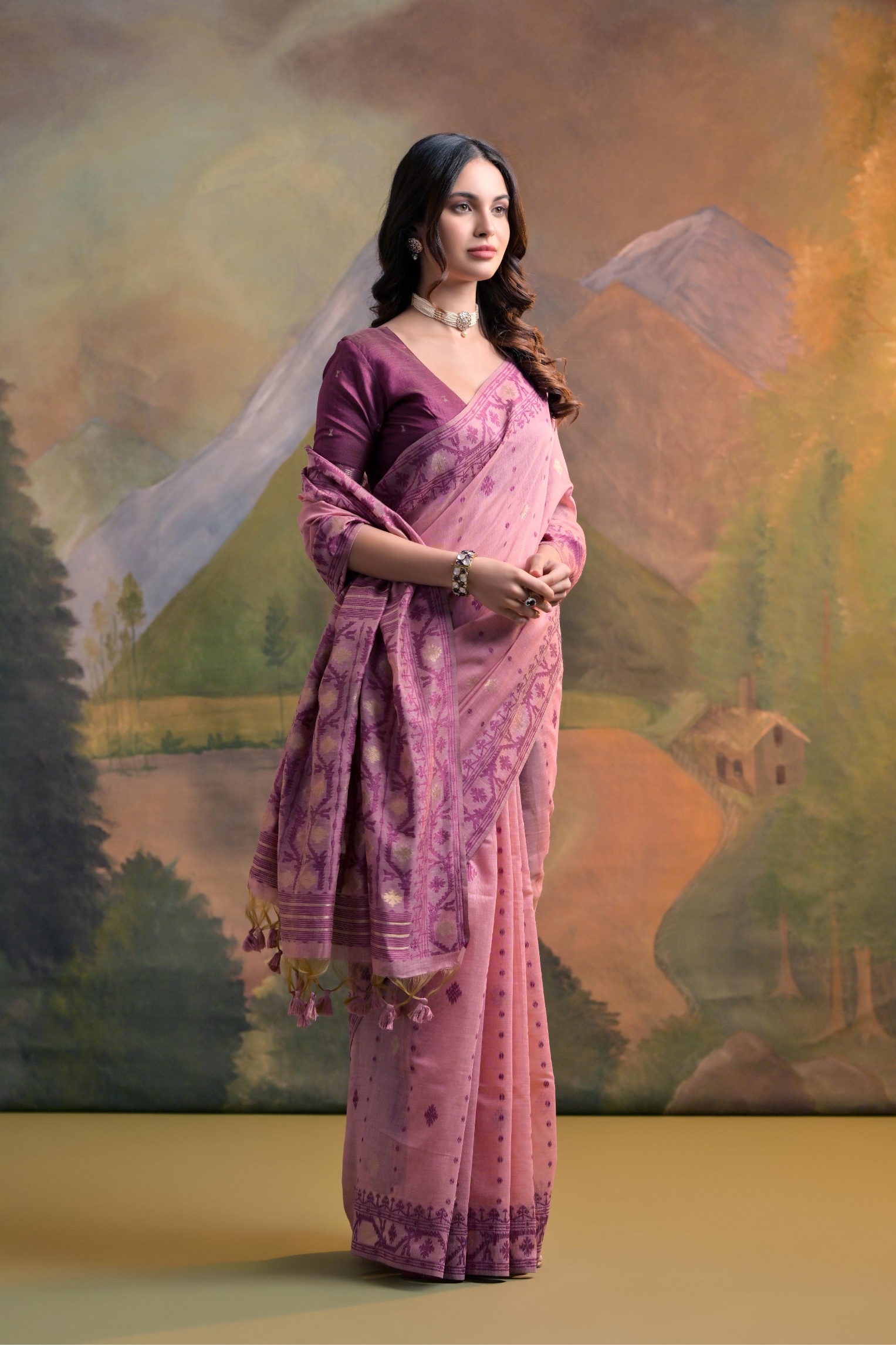Pink Jamdani Muga Cotton Saree