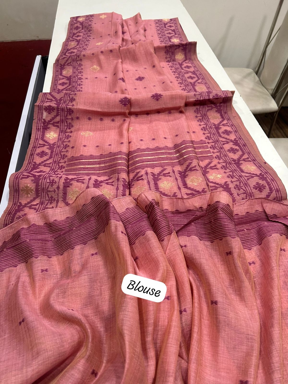 Pink Jamdani Muga Cotton Saree