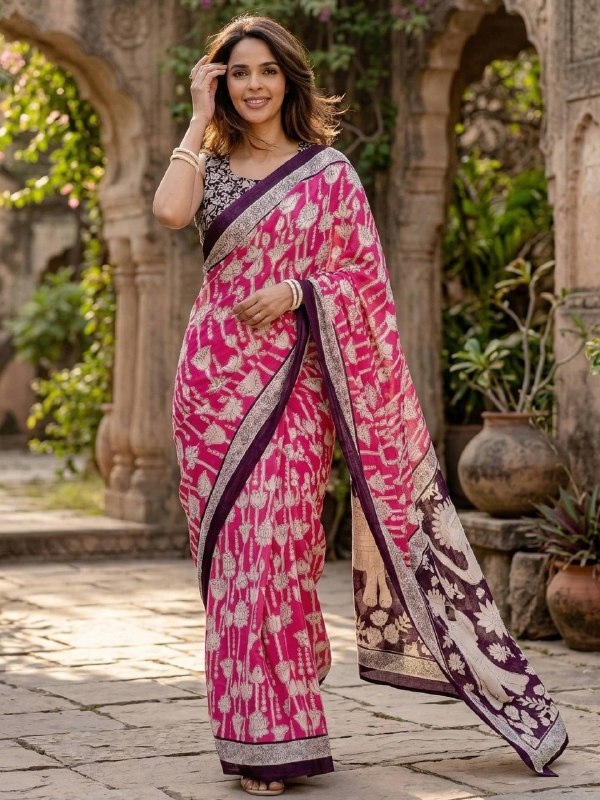 Pink Kalamkari Contemporary Motif Mulmul Cotton Saree