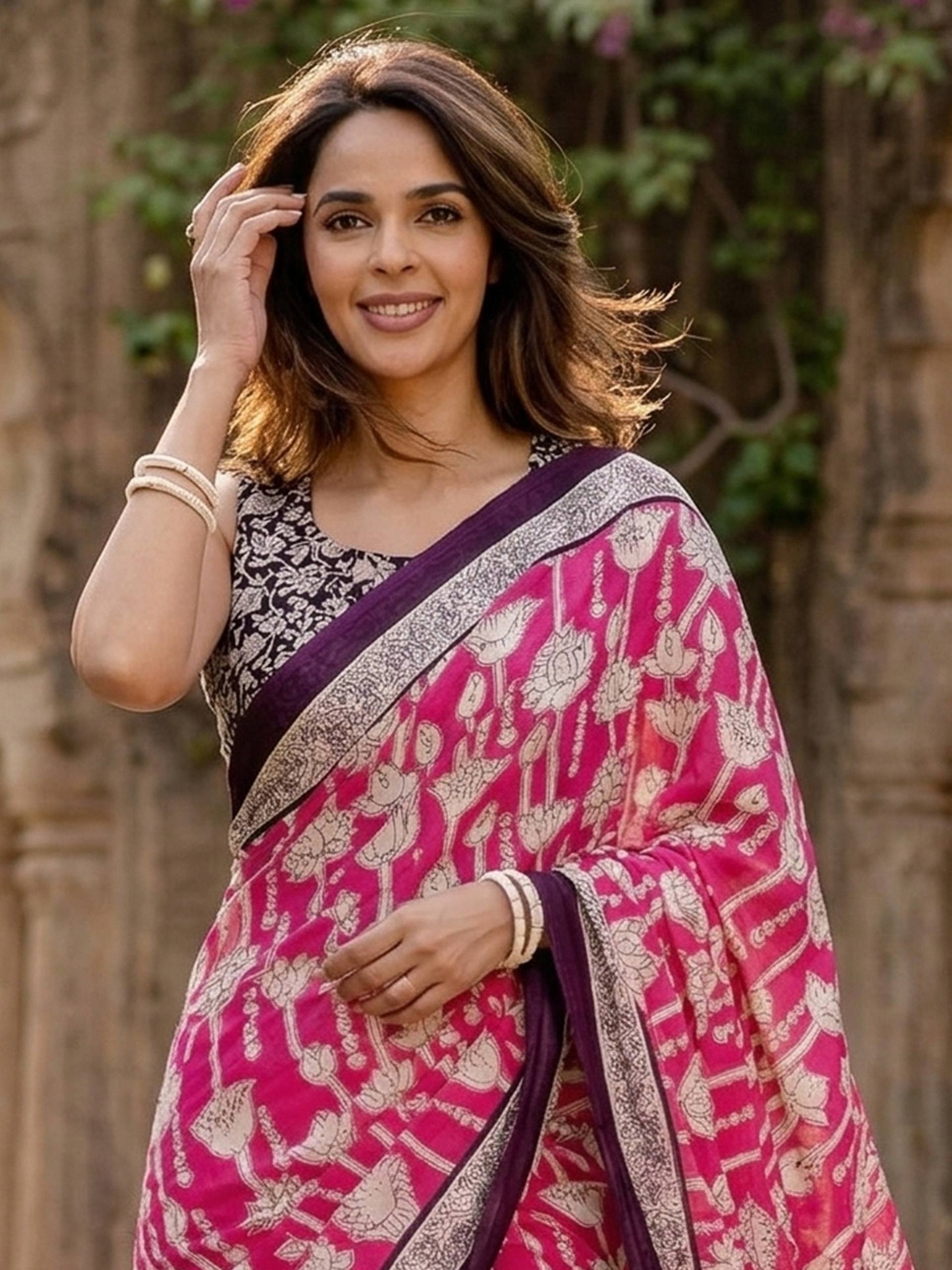 Pink Kalamkari Contemporary Motif Mulmul Cotton Saree — alternate view