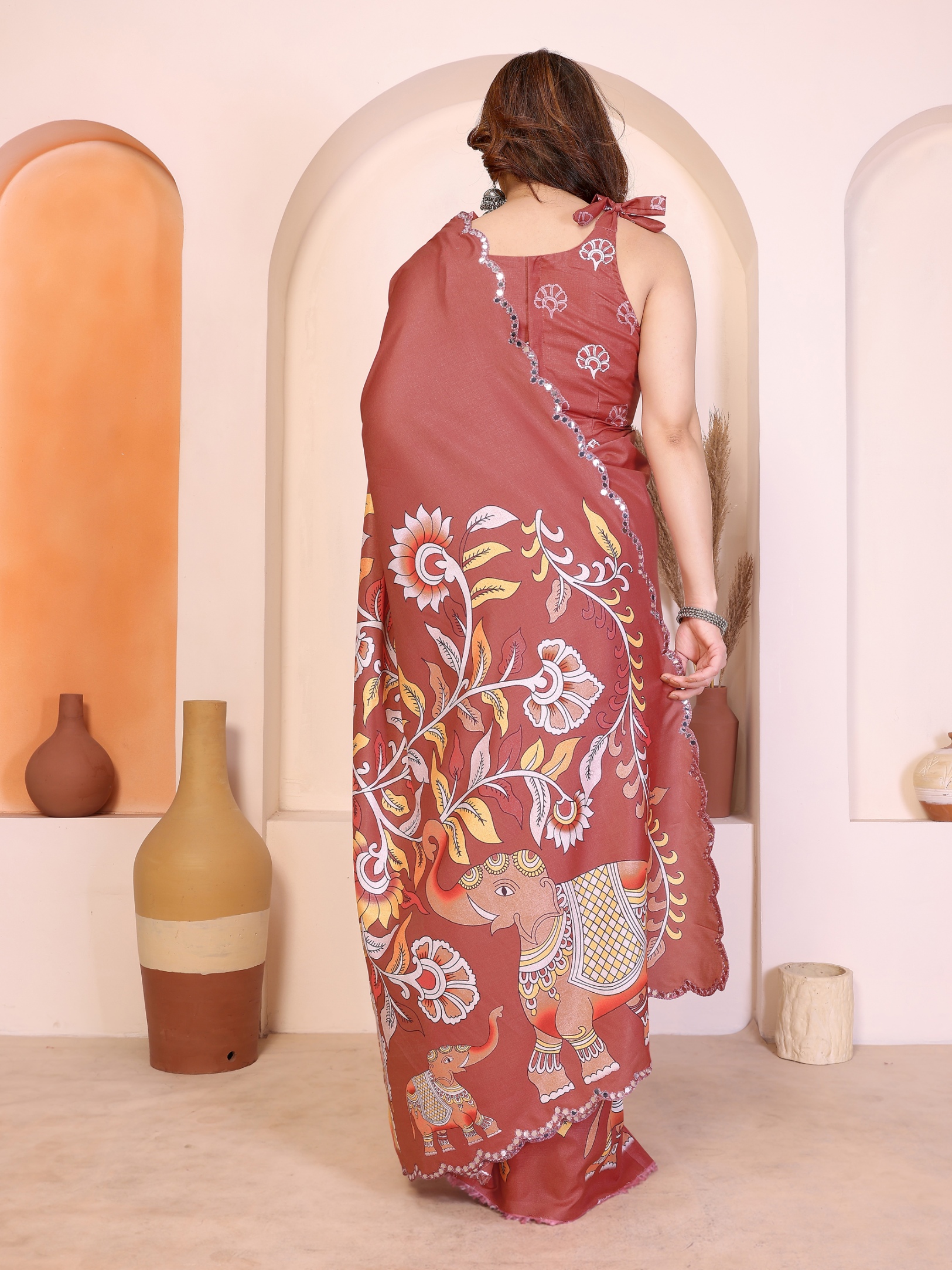 Pink Kalamkari Digital Print Manipuri Silk Party Wear Saree — alternate view