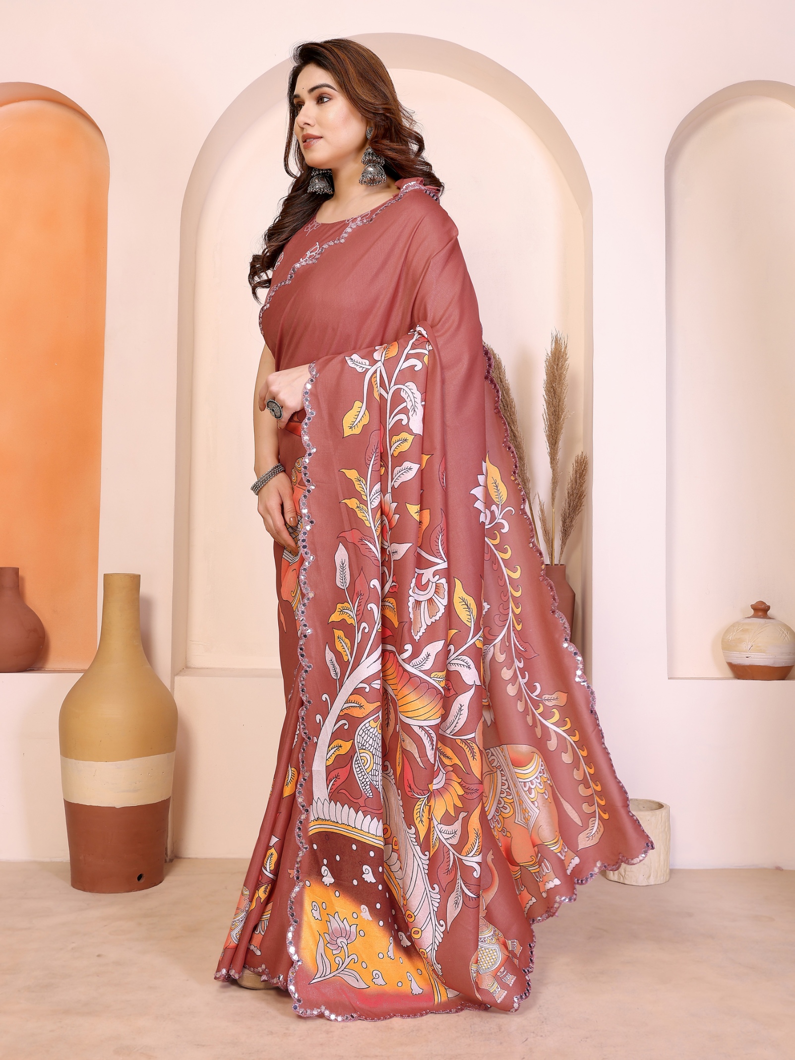 Pink Kalamkari Digital Print Manipuri Silk Party Wear Saree