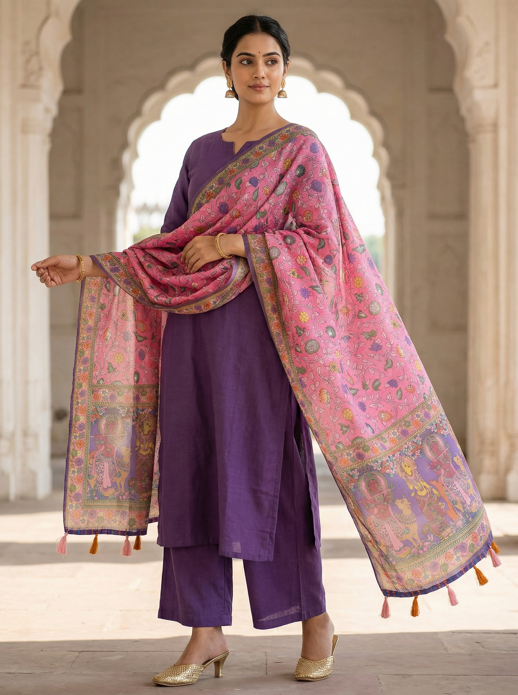 Pink Kalamkari Heritage Linen Silk Designer Dupatta