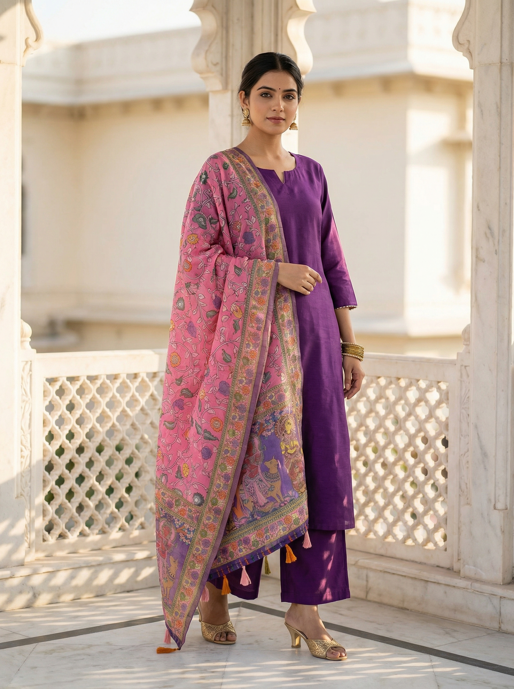 Pink Kalamkari Heritage Linen Silk Designer Dupatta — alternate view