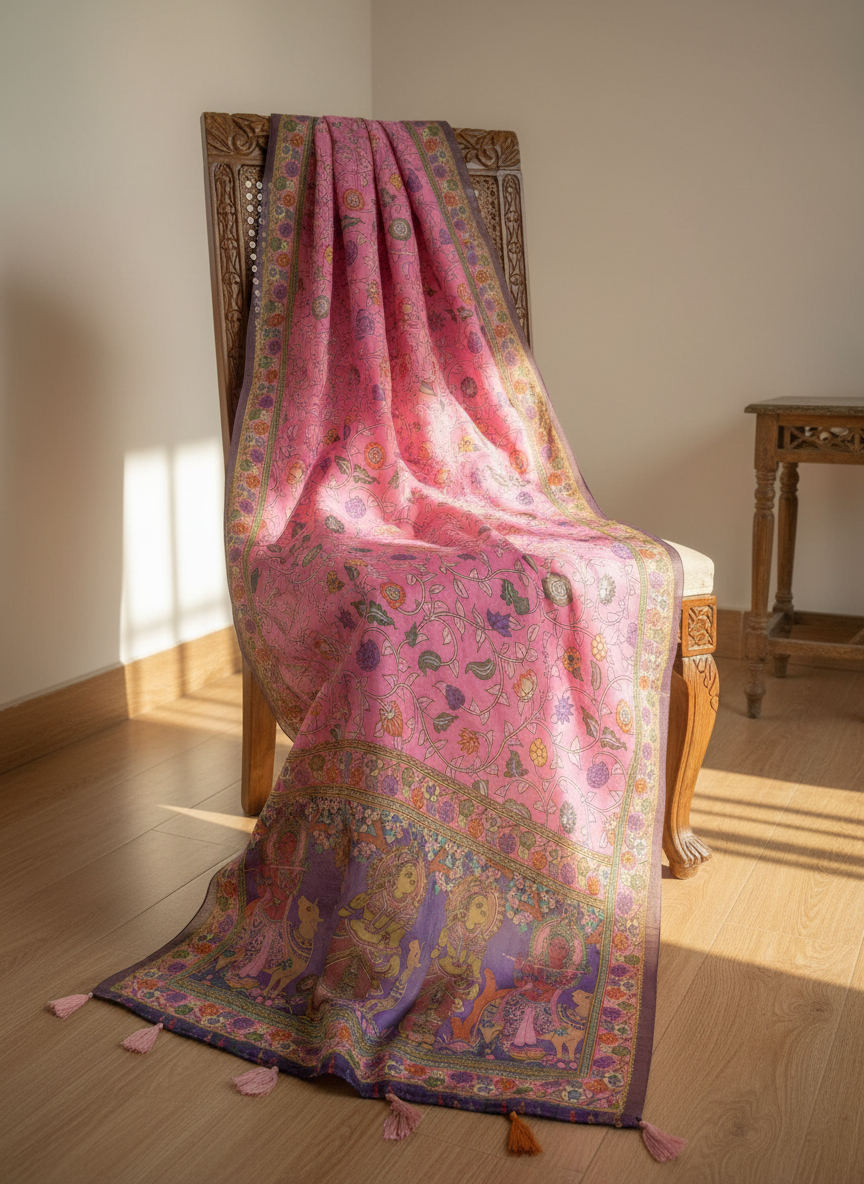 Pink Kalamkari Heritage Linen Silk Designer Dupatta