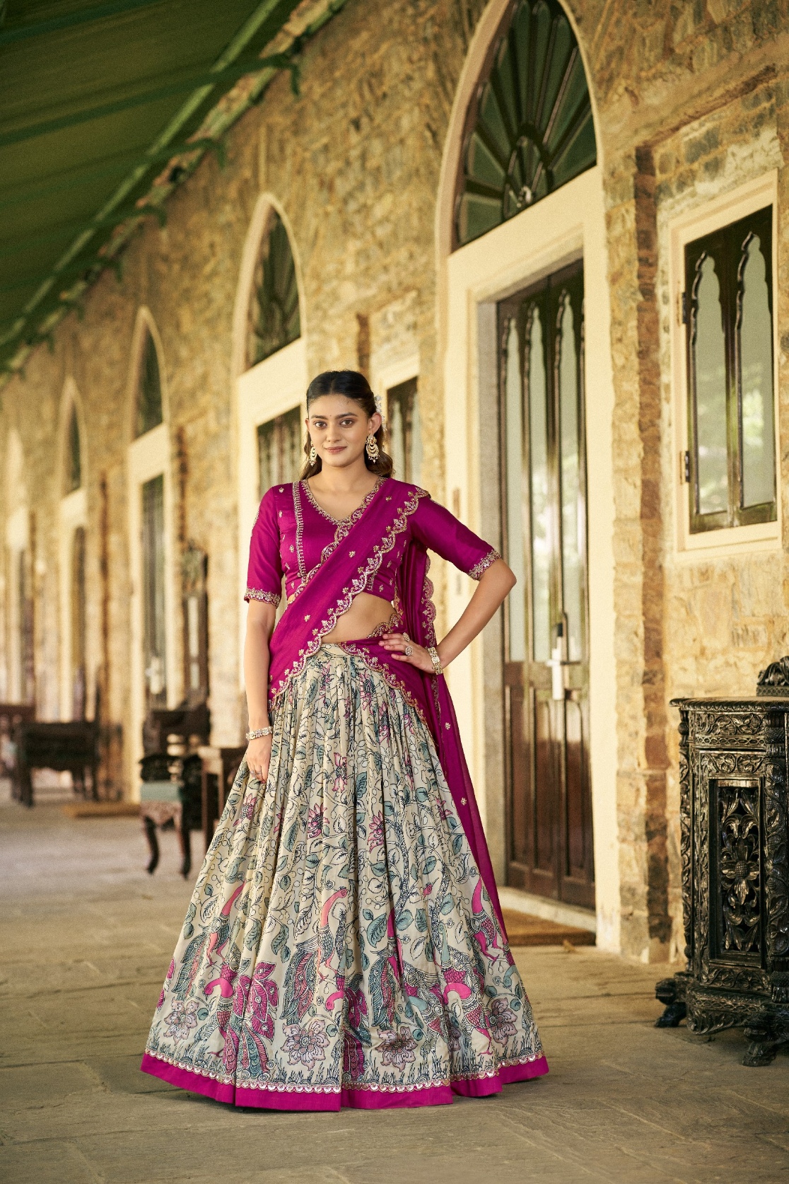 Pink Kalamkari Lace Border Lehenga Choli