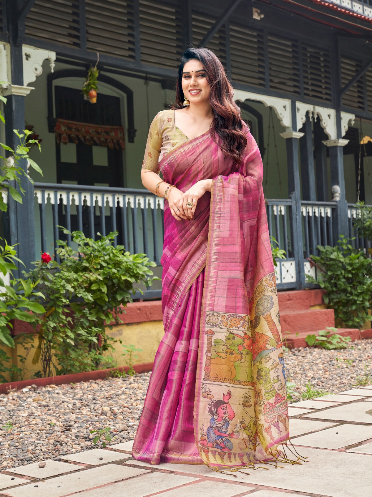 Pink Kalamkari Lahariya Tissue Silk Saree
