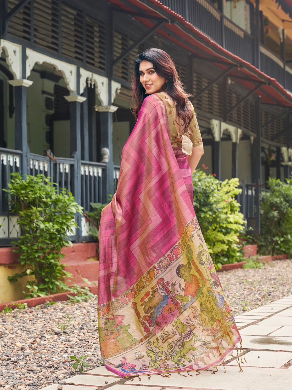 Pink Kalamkari Lahariya Tissue Silk Saree — alternate view