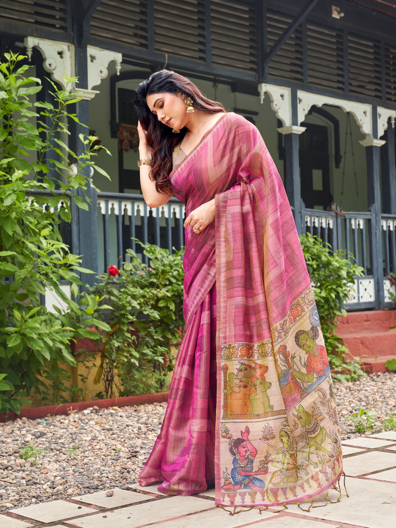 Pink Kalamkari Lahariya Tissue Silk Saree