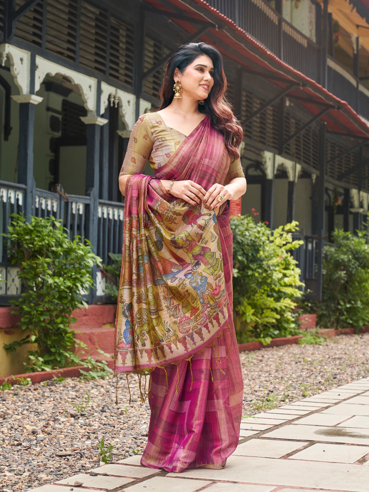 Pink Kalamkari Lahariya Tissue Silk Saree
