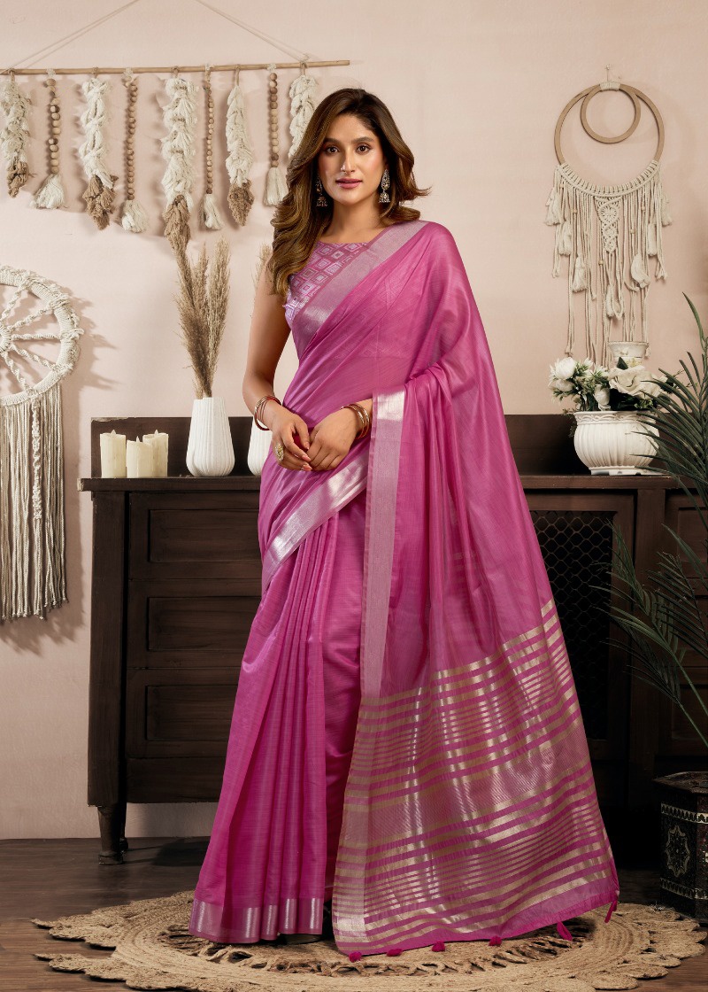 Pink Khadi Cotton Soft Zari Border Festive Saree