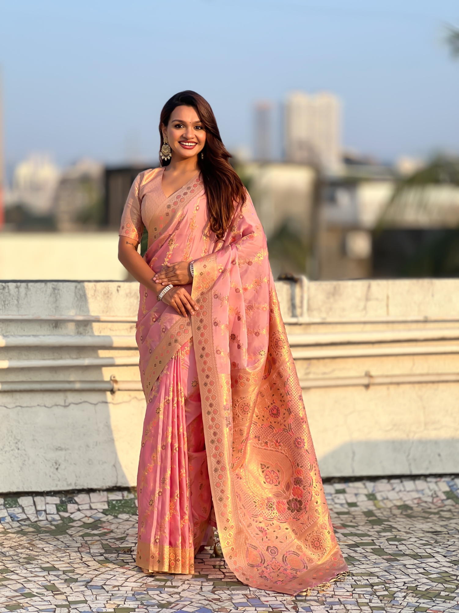 Pink Kora Silk Woven Geometric Saree