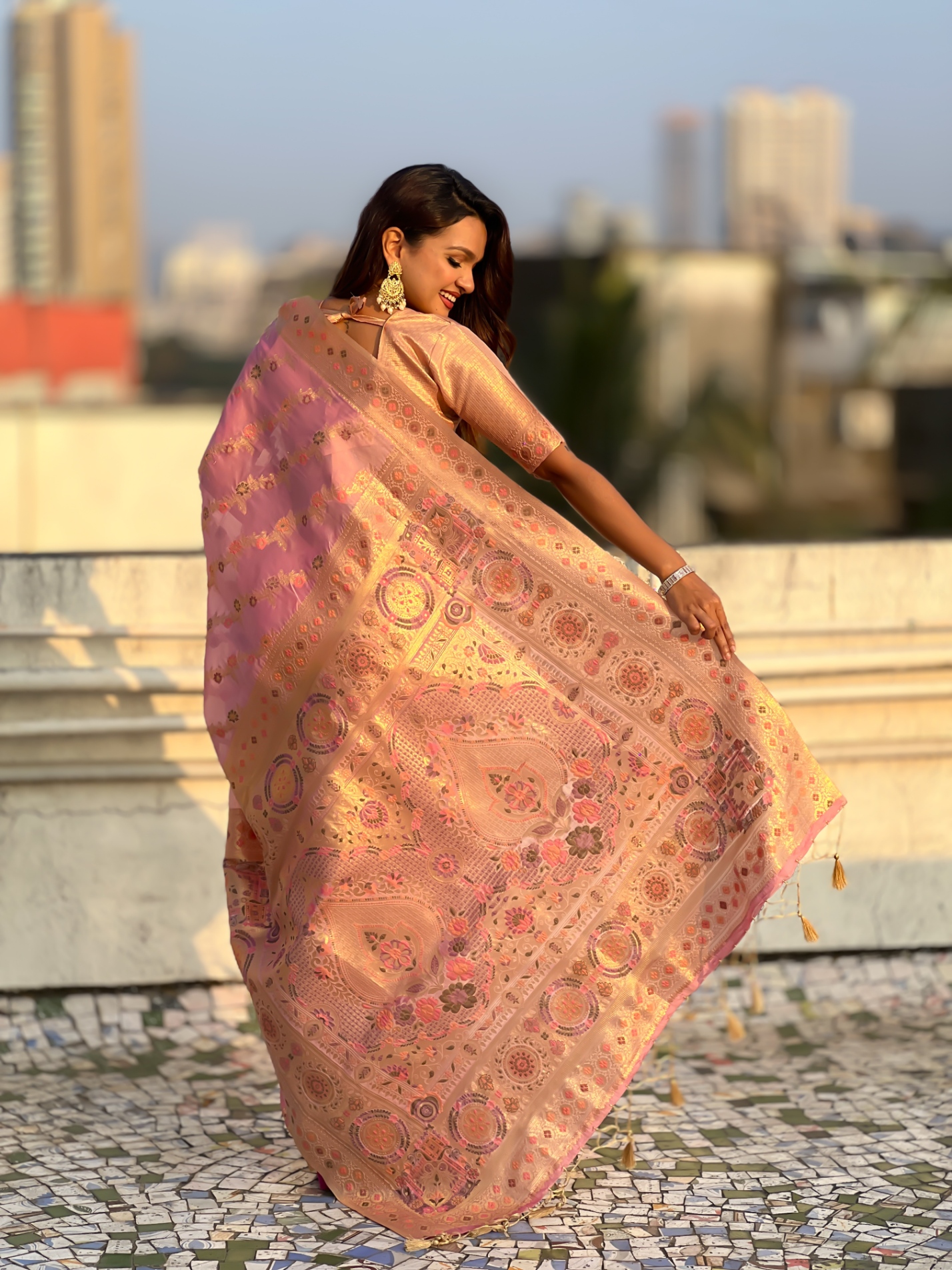 Pink Kora Silk Woven Geometric Saree — alternate view