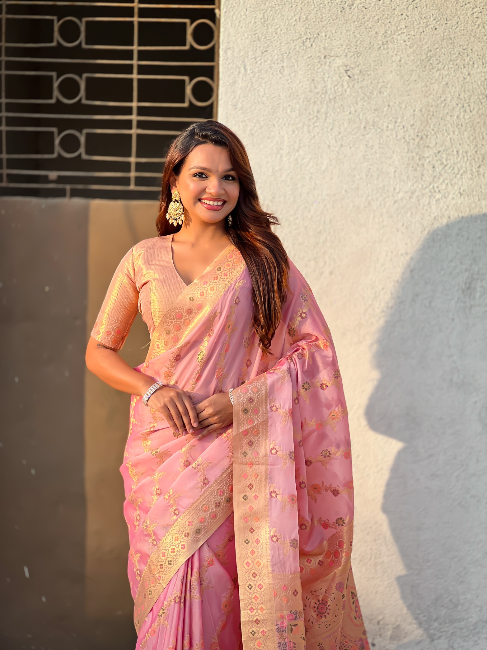 Pink Kora Silk Woven Geometric Saree