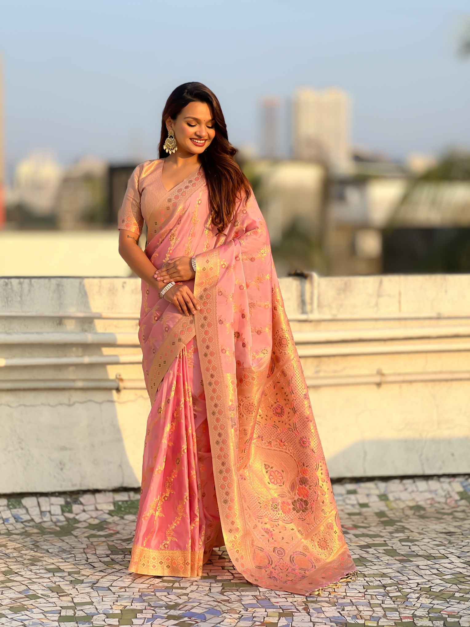 Pink Kora Silk Woven Geometric Saree
