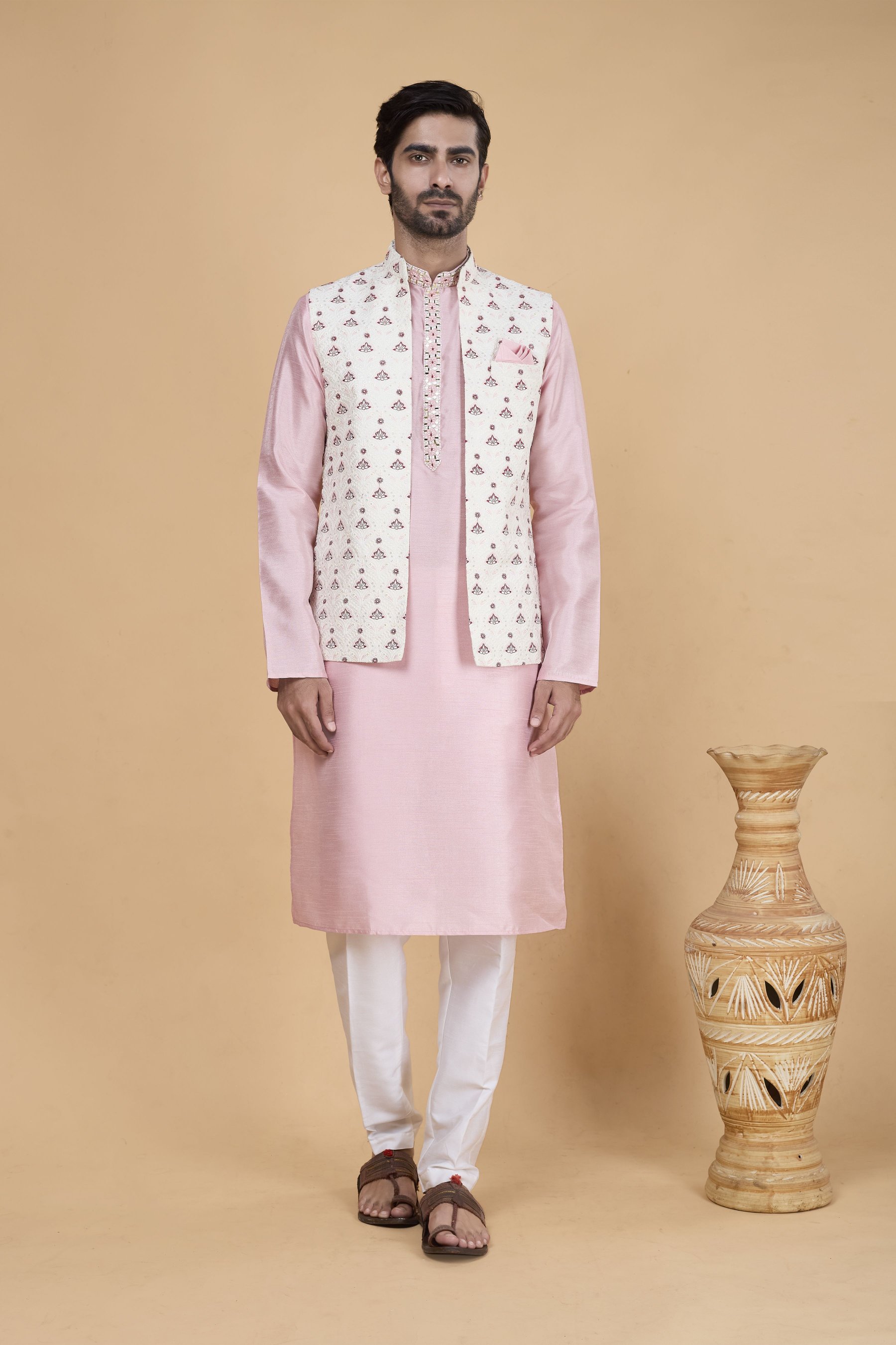 Pink Kurta with Cream Jacket Banarasi Silk Kurta Pyjama