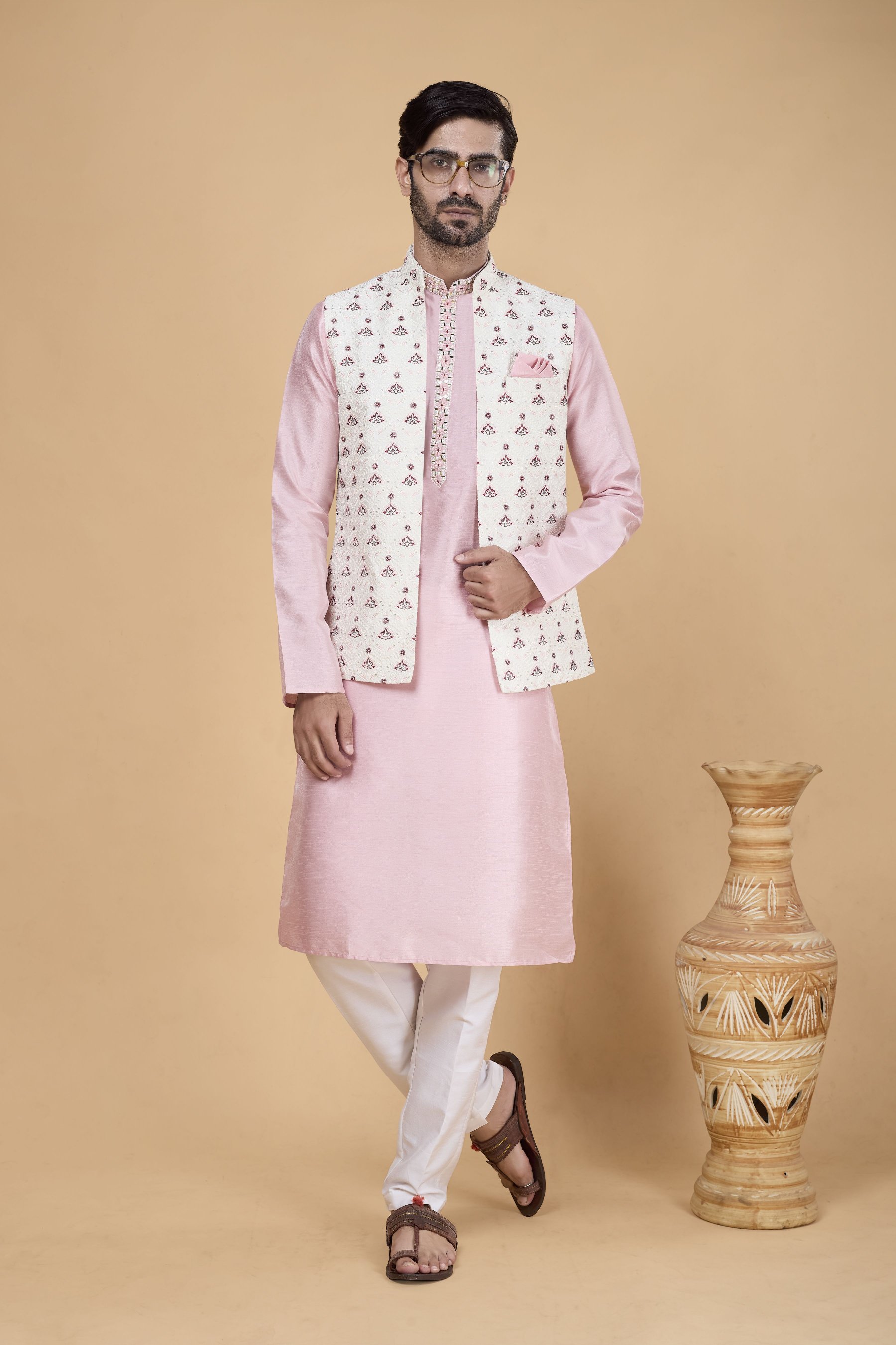 Pink Kurta with Cream Jacket Banarasi Silk Kurta Pyjama