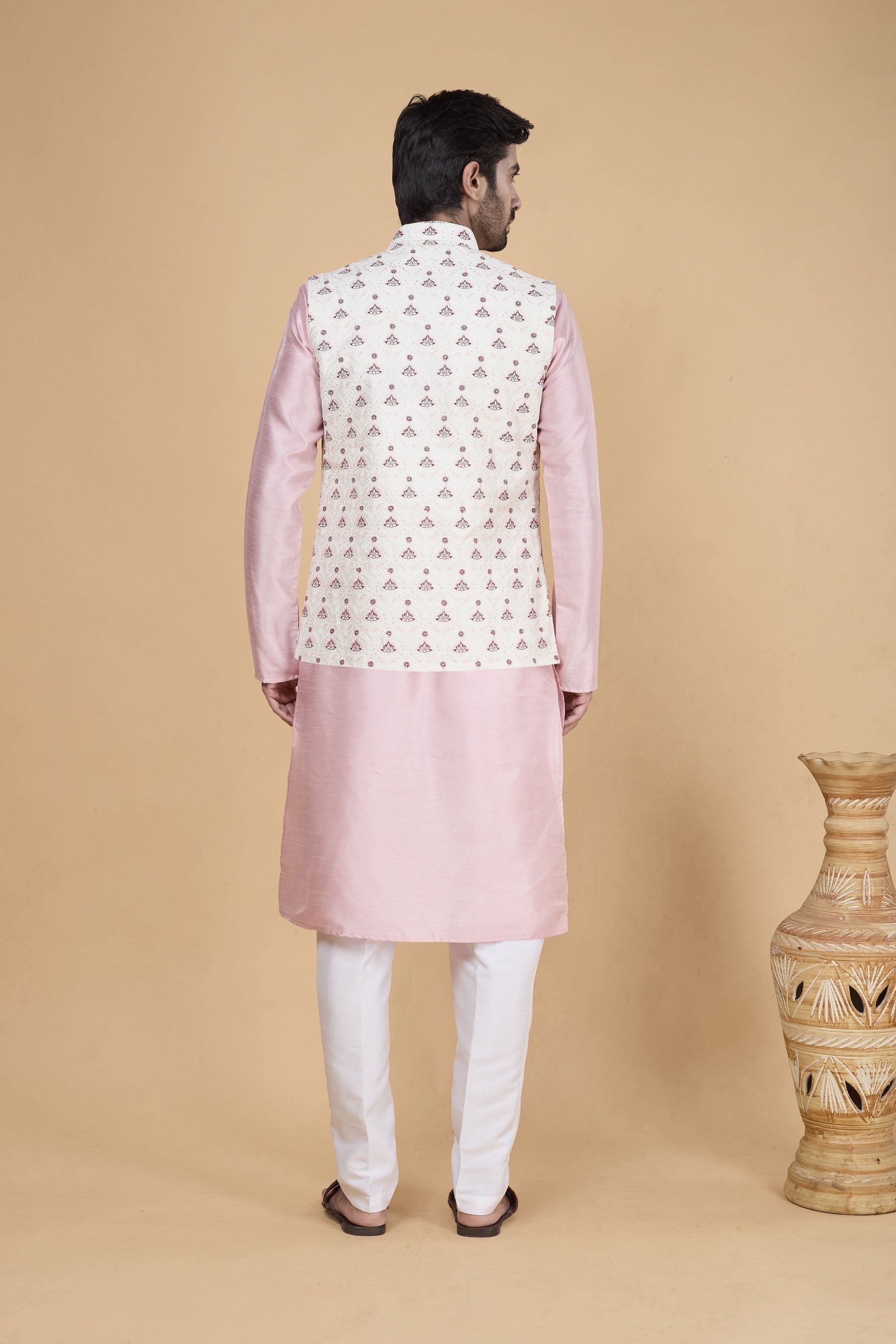 Pink Kurta with Cream Jacket Banarasi Silk Kurta Pyjama