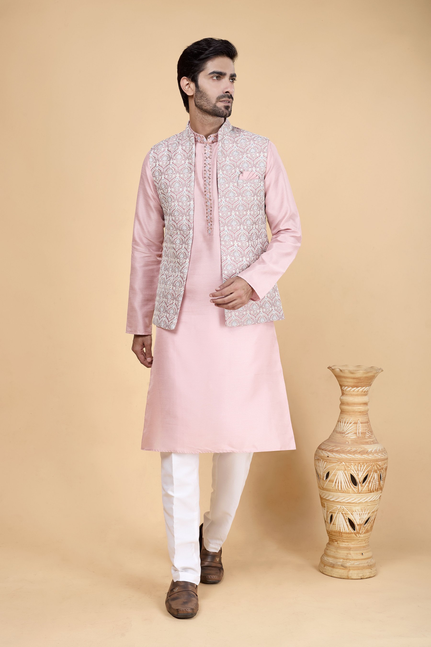Pink Kurta with Pinkish Jacket Banarasi Silk Kurta Pyjama