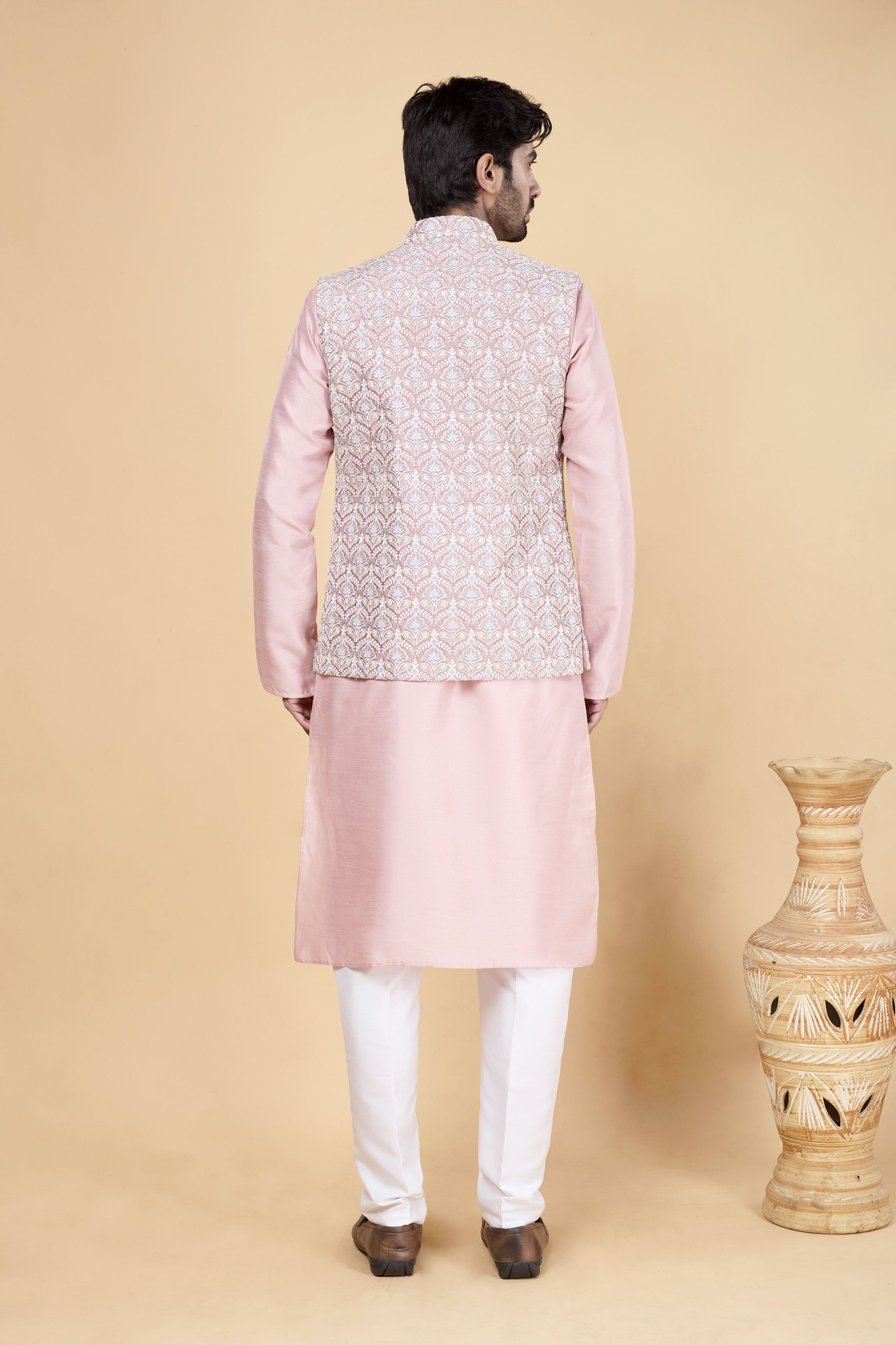 Pink Kurta with Pinkish Jacket Banarasi Silk Kurta Pyjama — alternate view