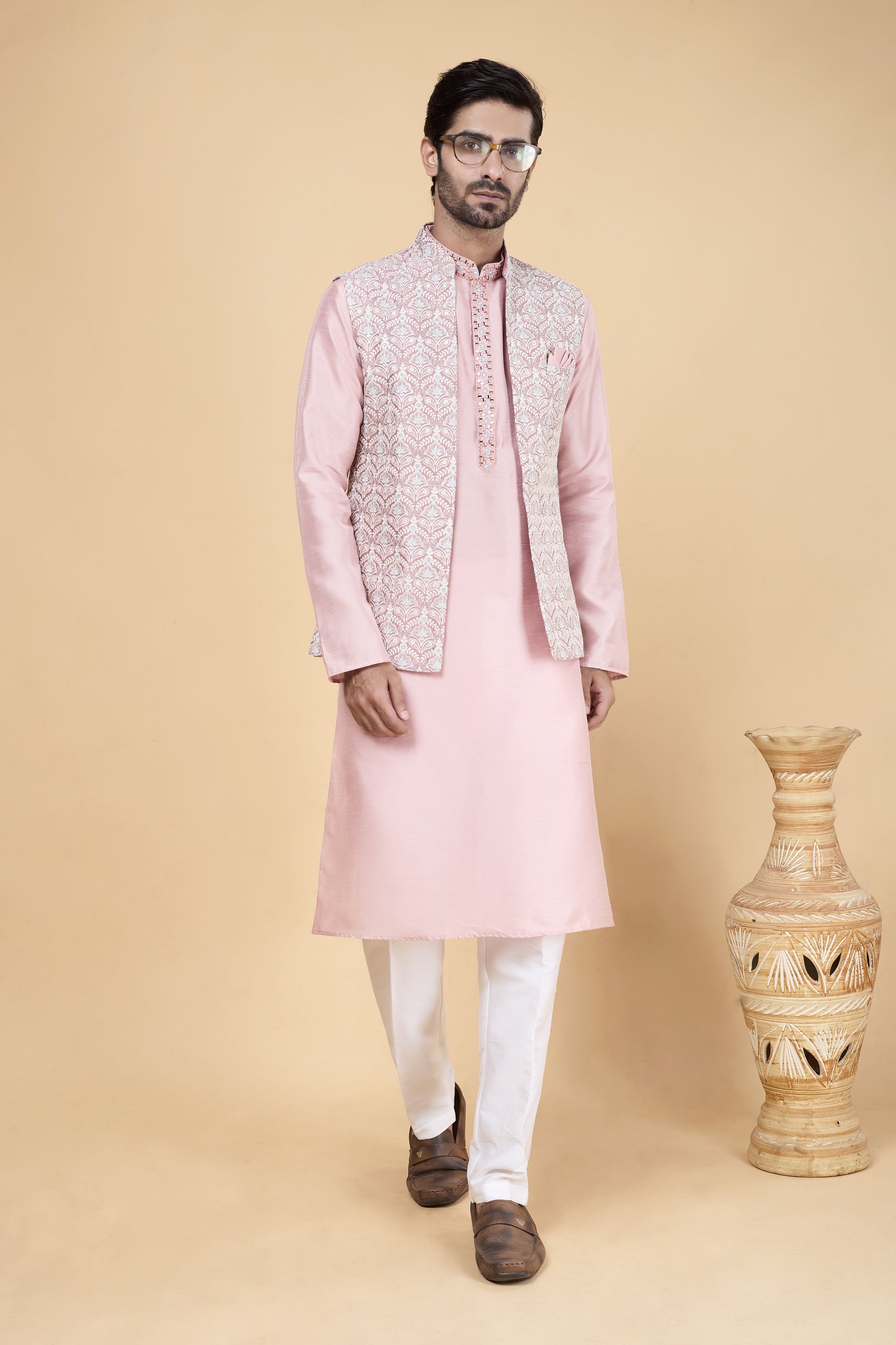 Pink Kurta with Pinkish Jacket Banarasi Silk Kurta Pyjama