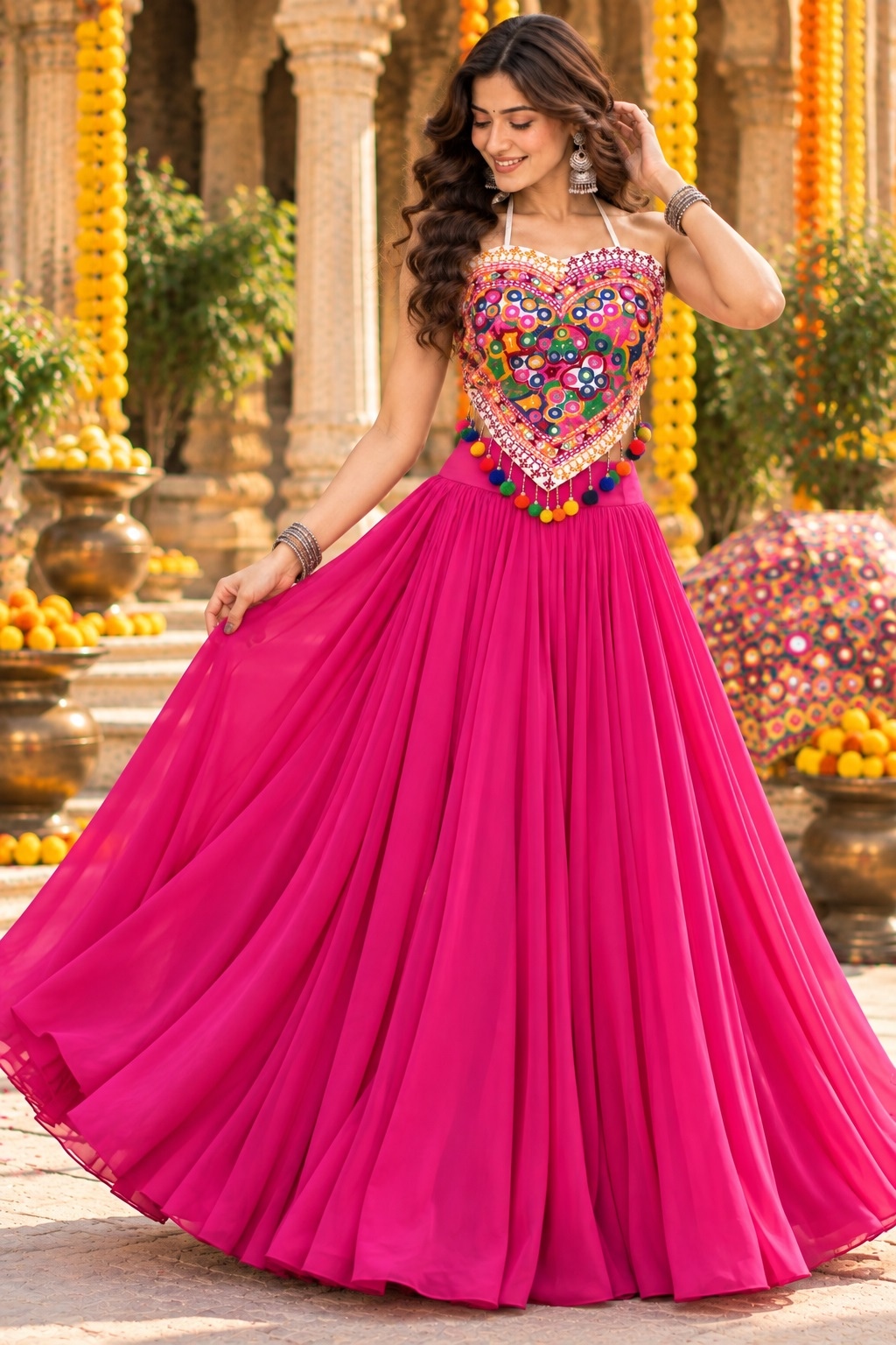 Pink Kutch Mirror Embroidered Georgette Lehenga Choli