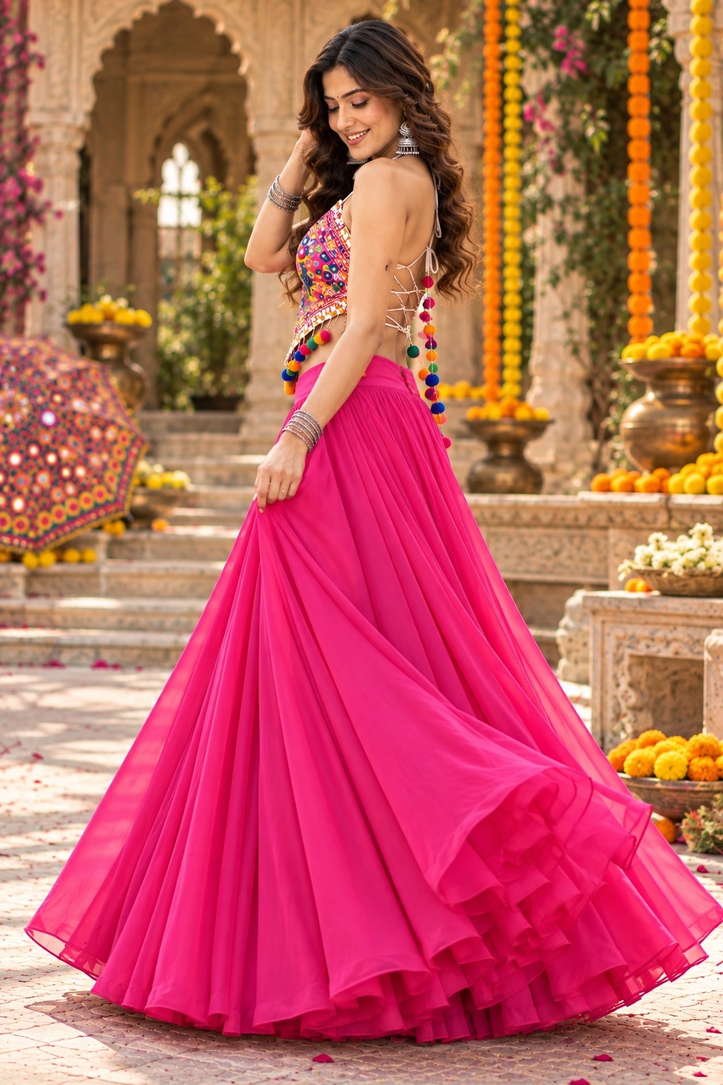 Pink Kutch Mirror Embroidered Georgette Lehenga Choli