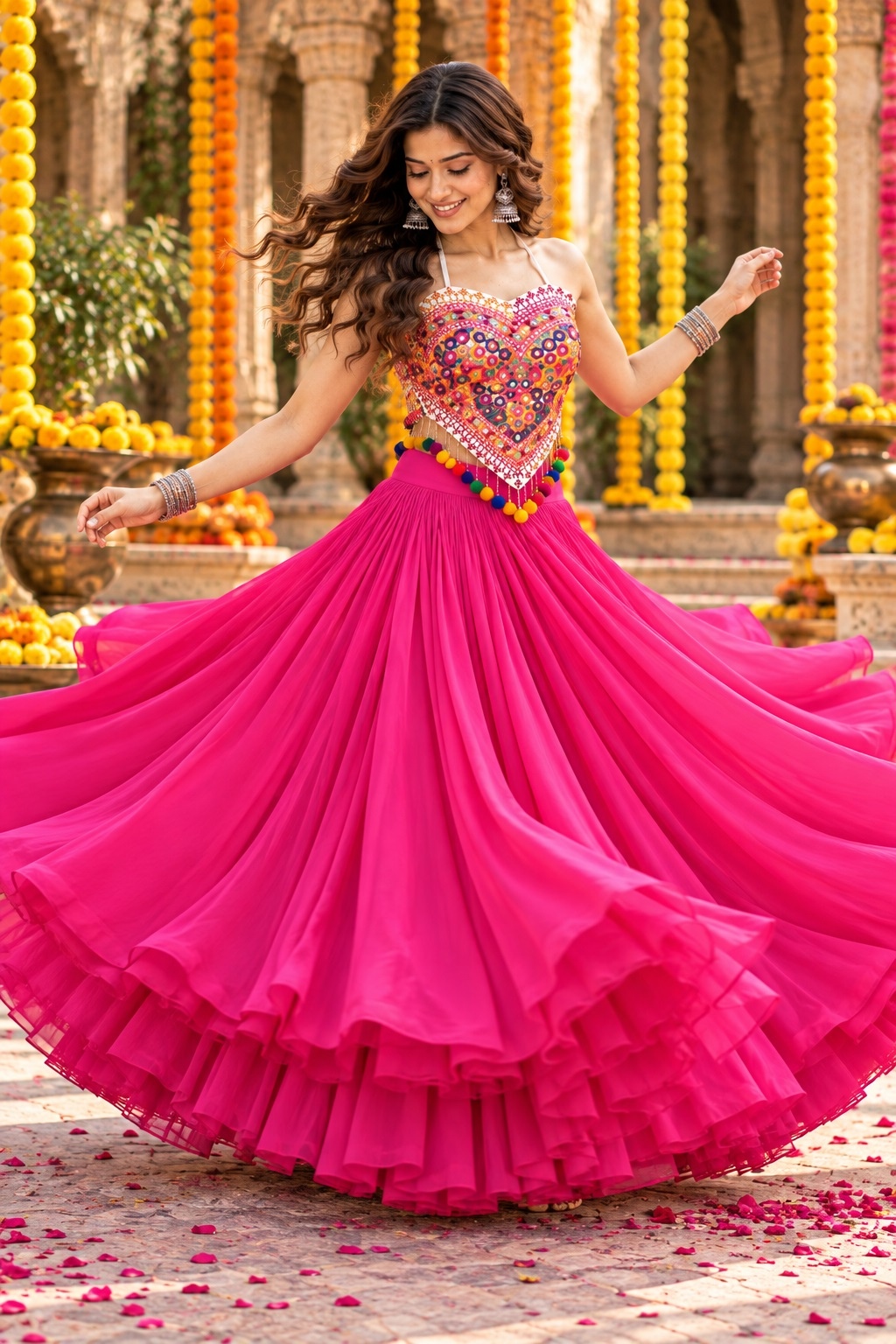 Pink Kutch Mirror Embroidered Georgette Lehenga Choli