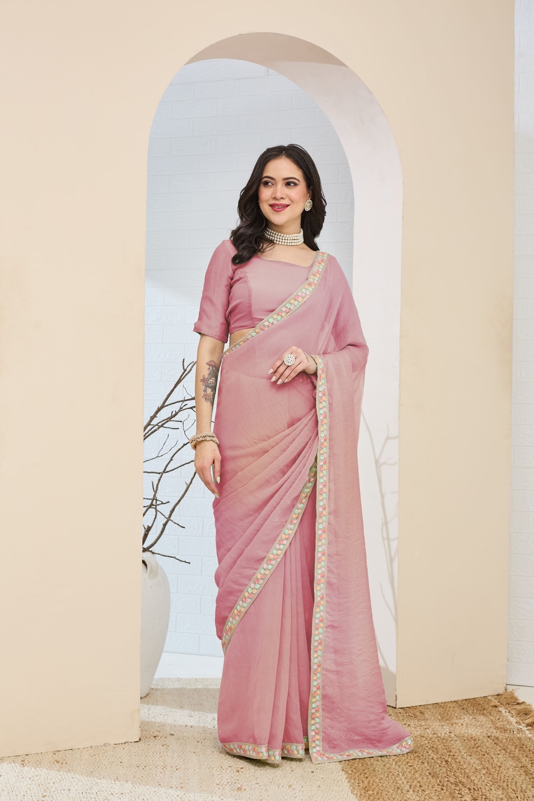 Pink Lace Silk Blend Ready To Wear Saree