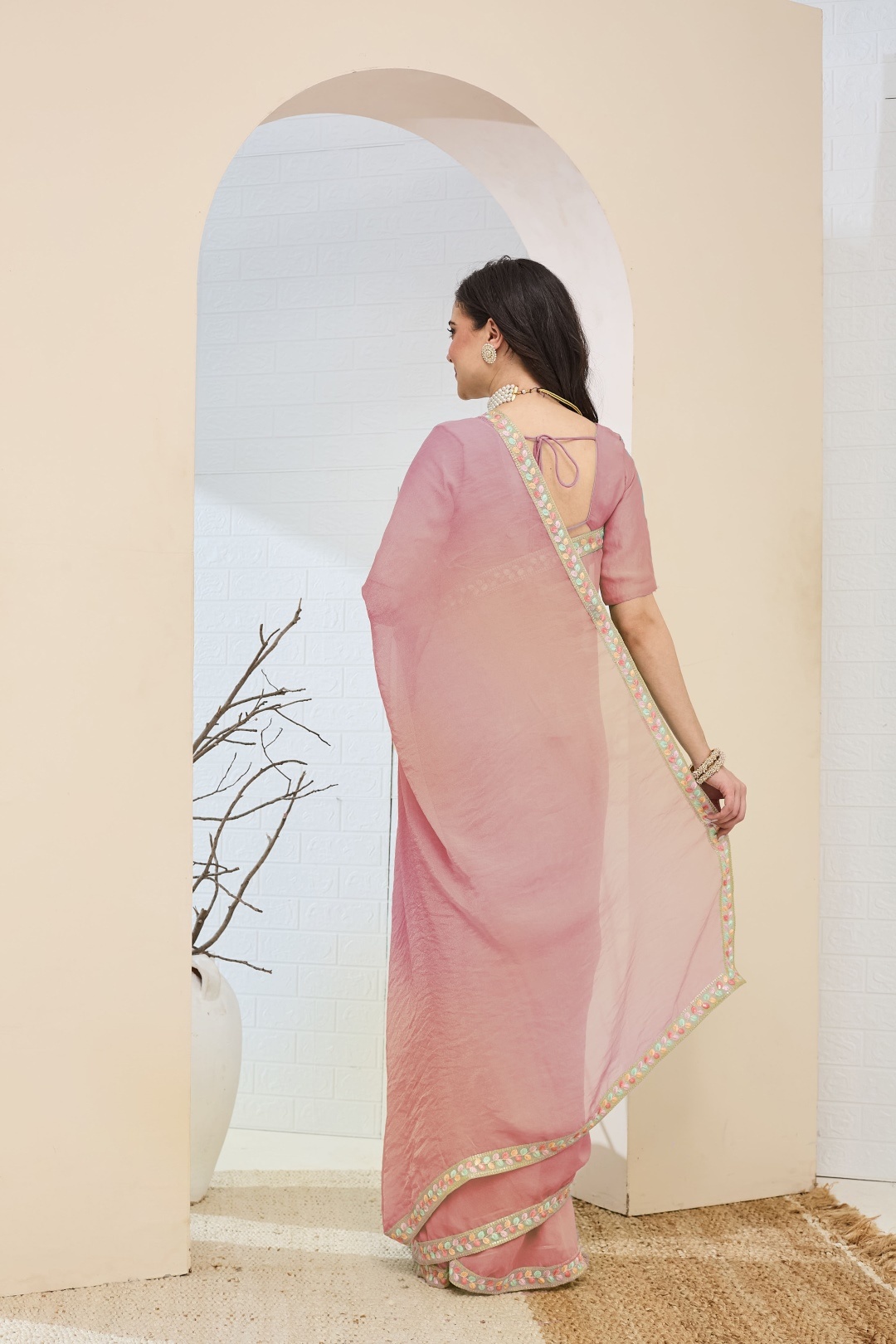 Pink Lace Silk Blend Ready To Wear Saree — alternate view