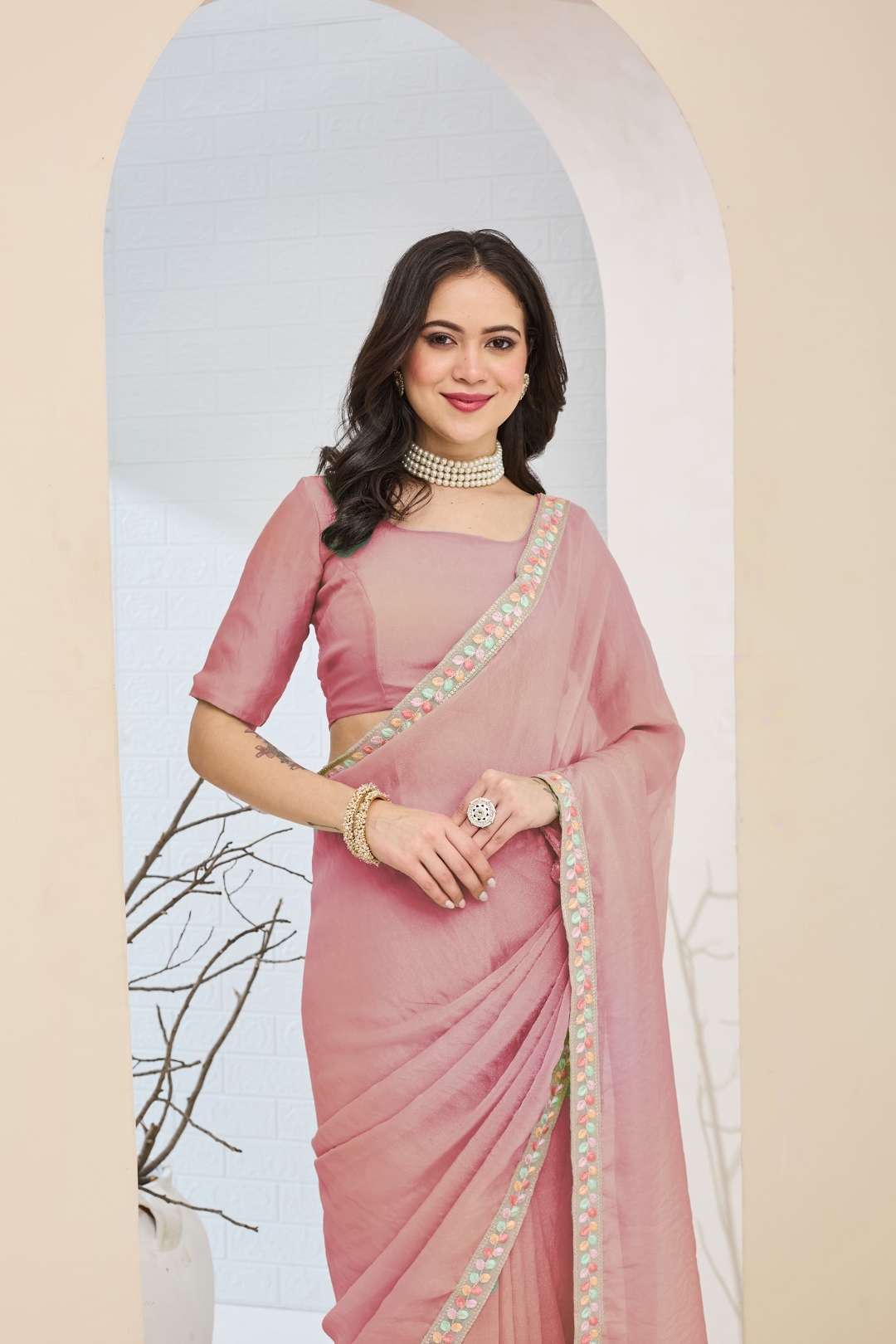 Pink Lace Silk Blend Ready To Wear Saree