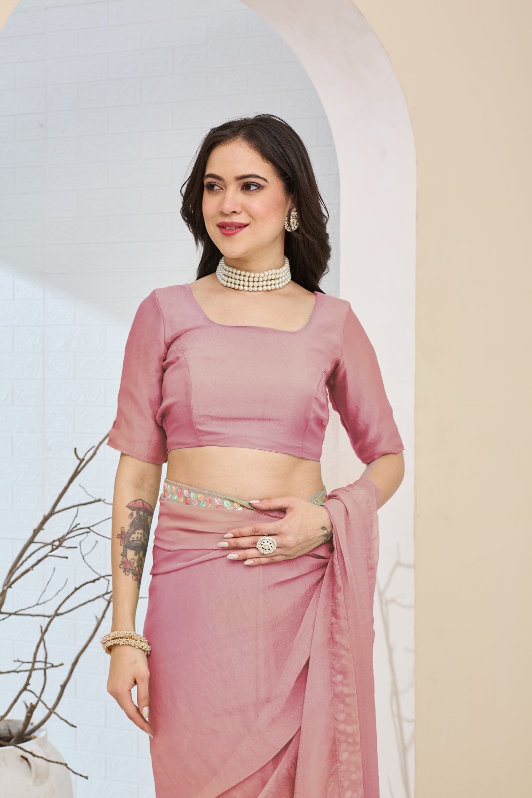 Pink Lace Silk Blend Ready To Wear Saree