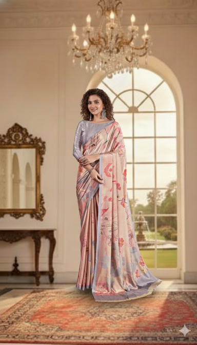 Pink-Lavender Digital Printed Crepe Silk Saree