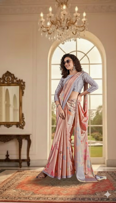 Pink-Lavender Digital Printed Crepe Silk Saree