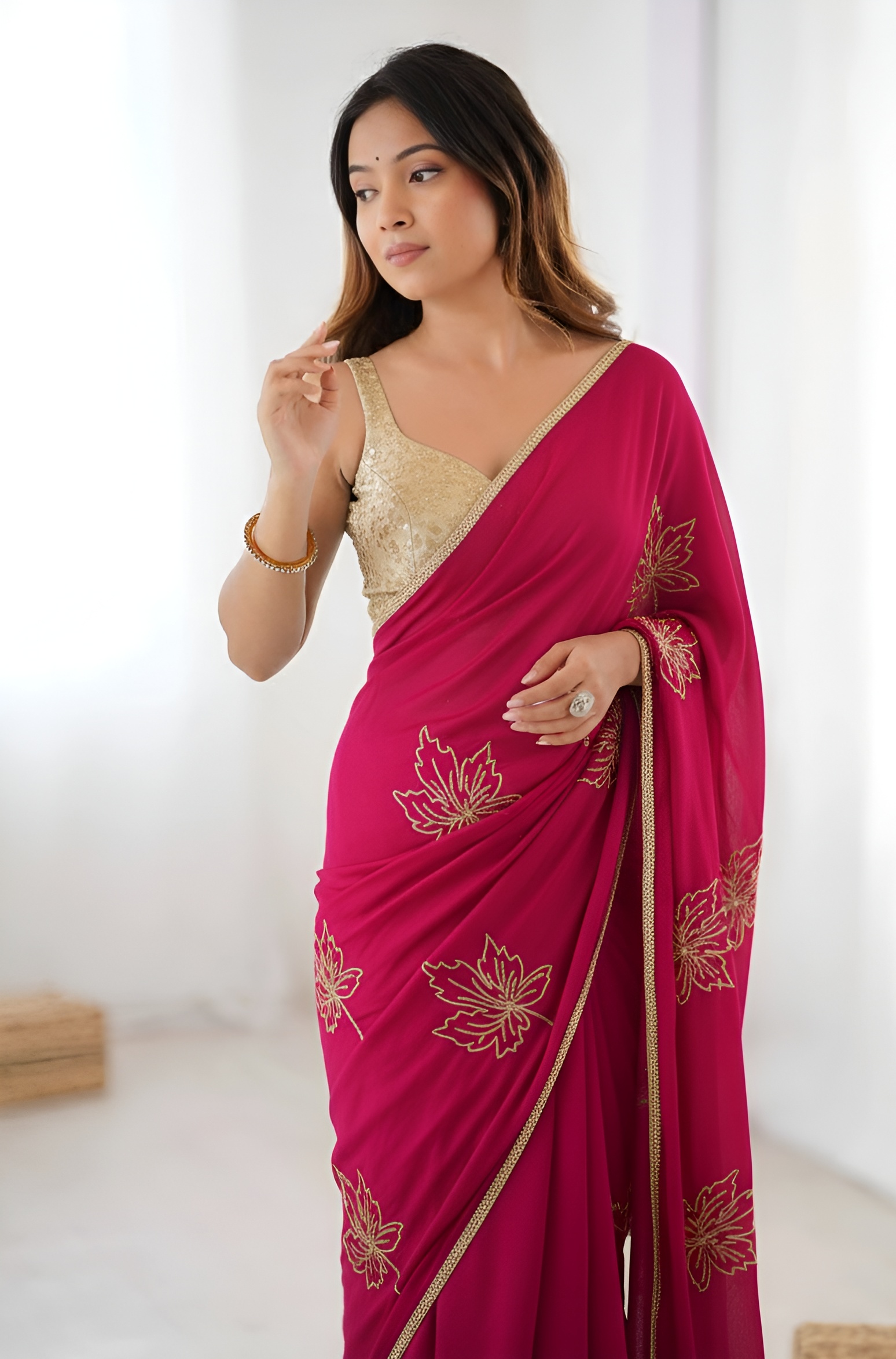 Pink Leaf Embroidered Vichitra Silk Saree — alternate view