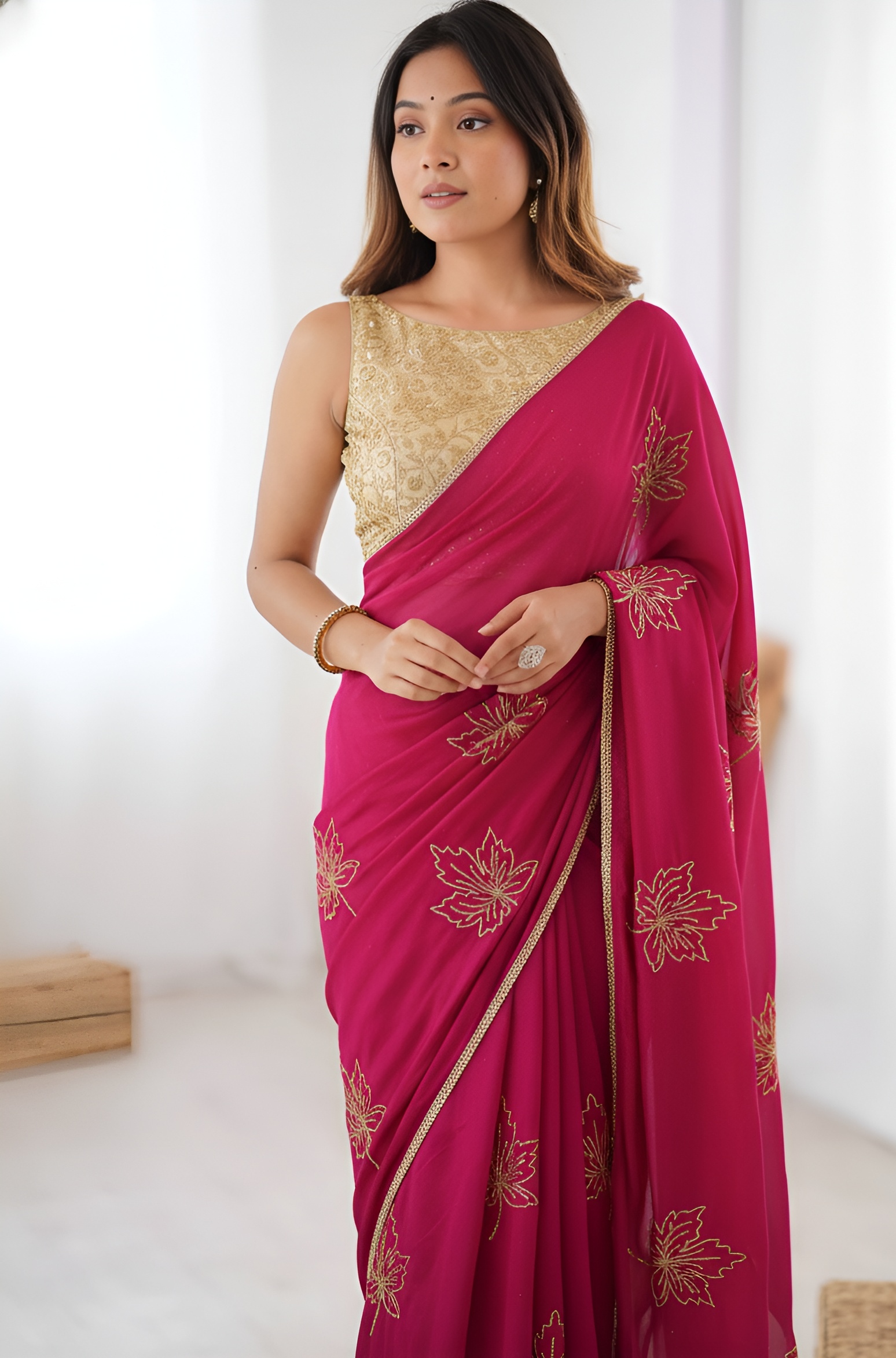 Pink Leaf Embroidered Vichitra Silk Saree