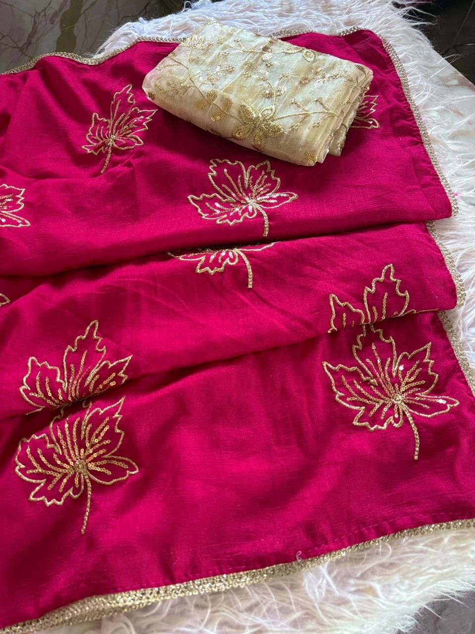 Pink Leaf Embroidered Vichitra Silk Saree