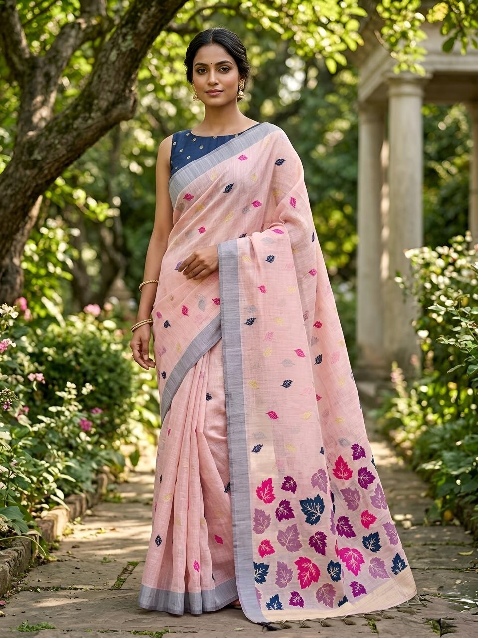 Pink Leaf Motif Woven Linen Saree