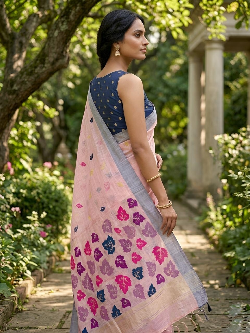 Pink Leaf Motif Woven Linen Saree — alternate view