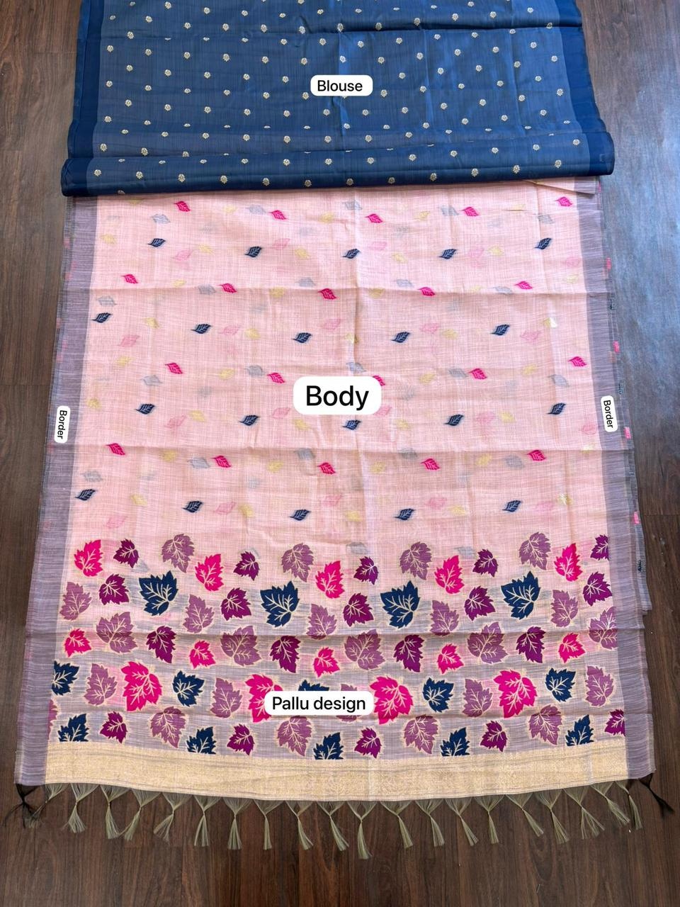 Pink Leaf Motif Woven Linen Saree