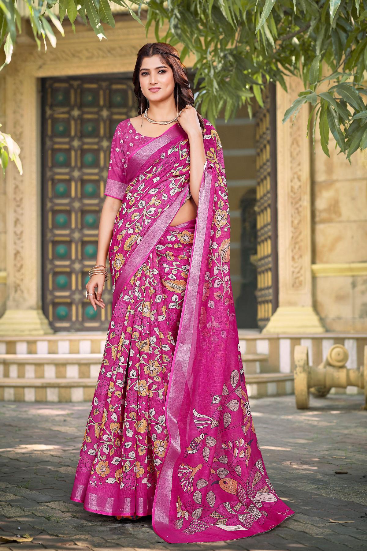 Pink Linen Cotton Digital Printed Saree