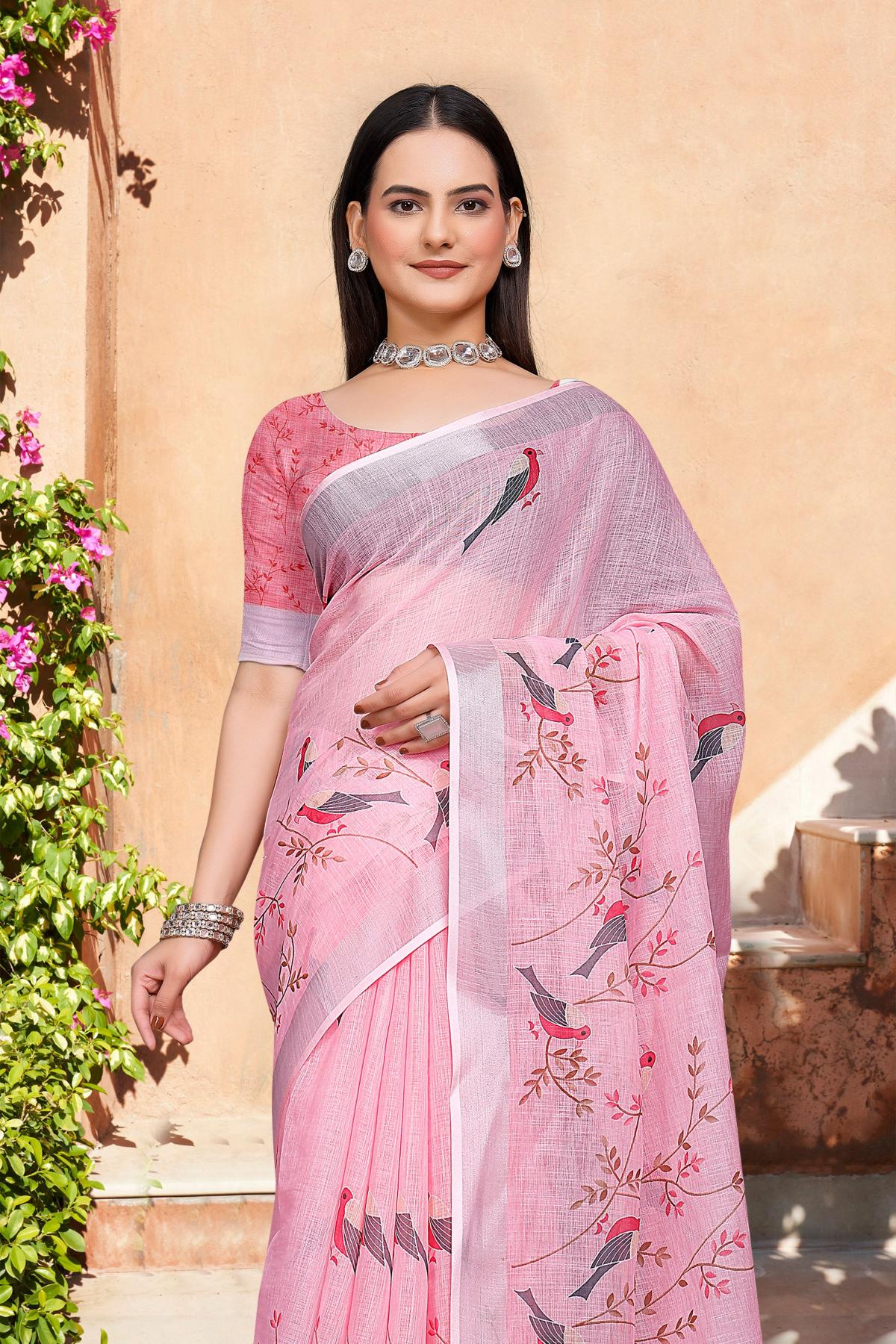 Pink Linen Cotton Saree — alternate view