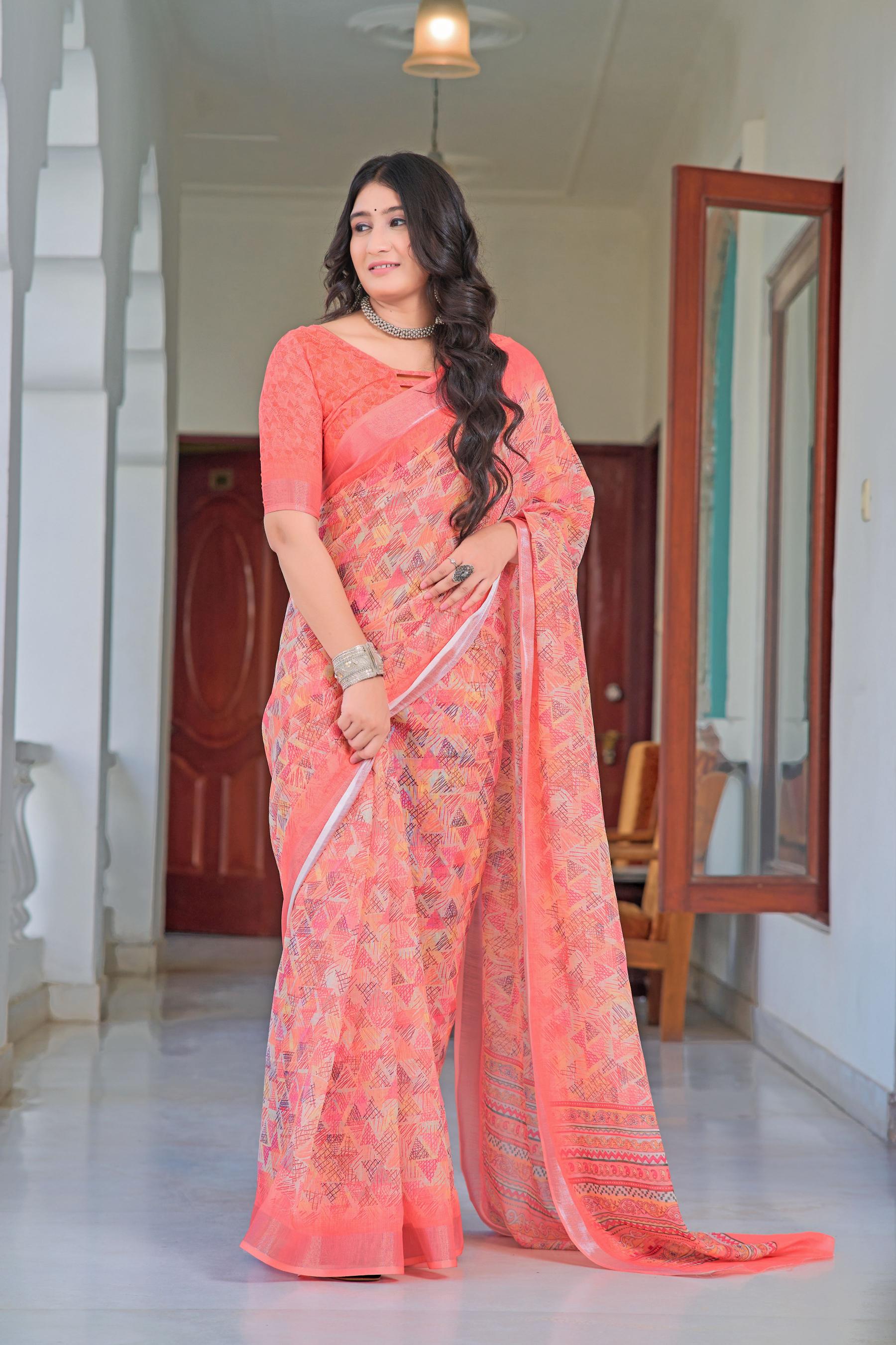 Pink Linen Cotton Saree