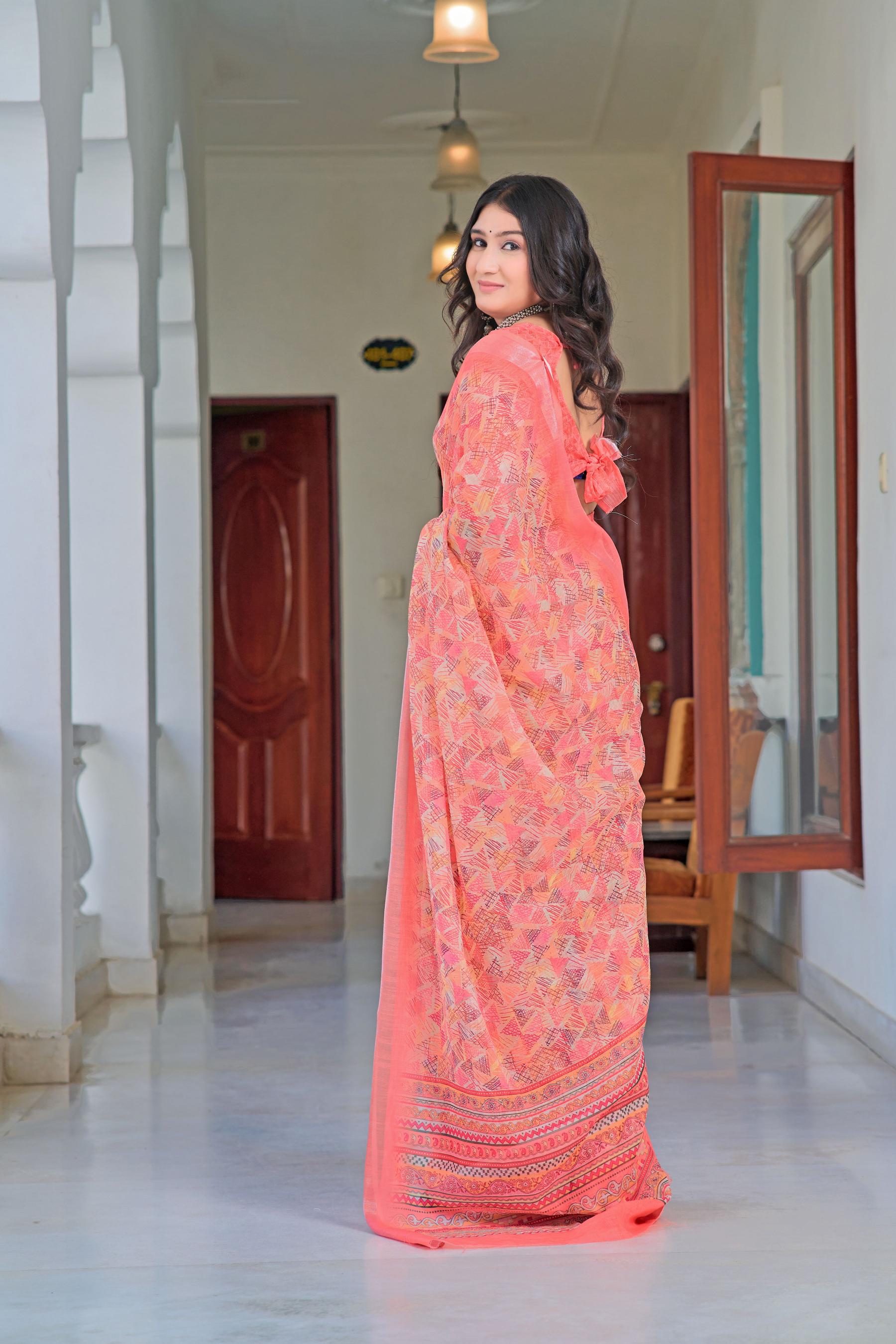 Pink Linen Cotton Saree — alternate view