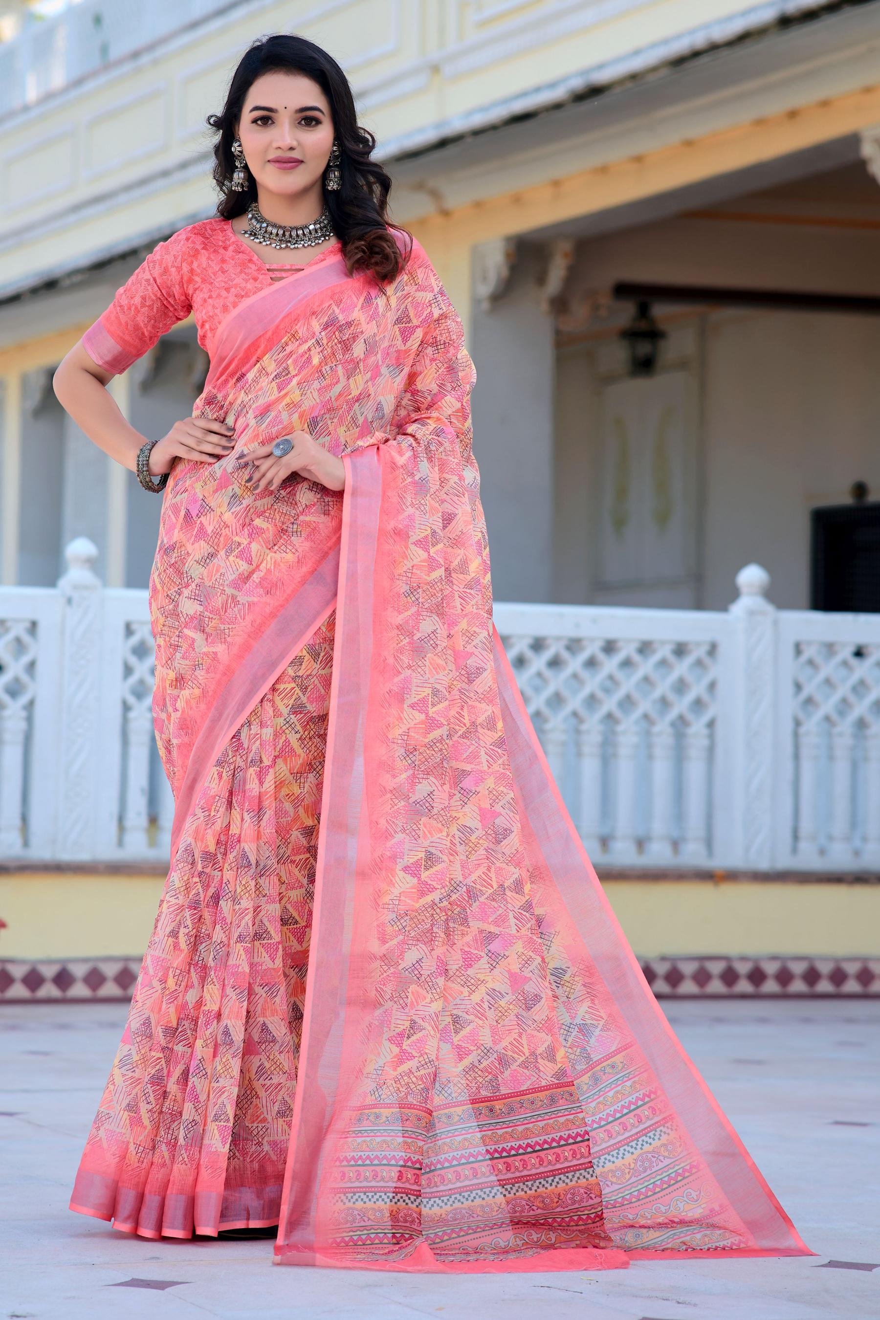 Pink Linen Cotton Saree