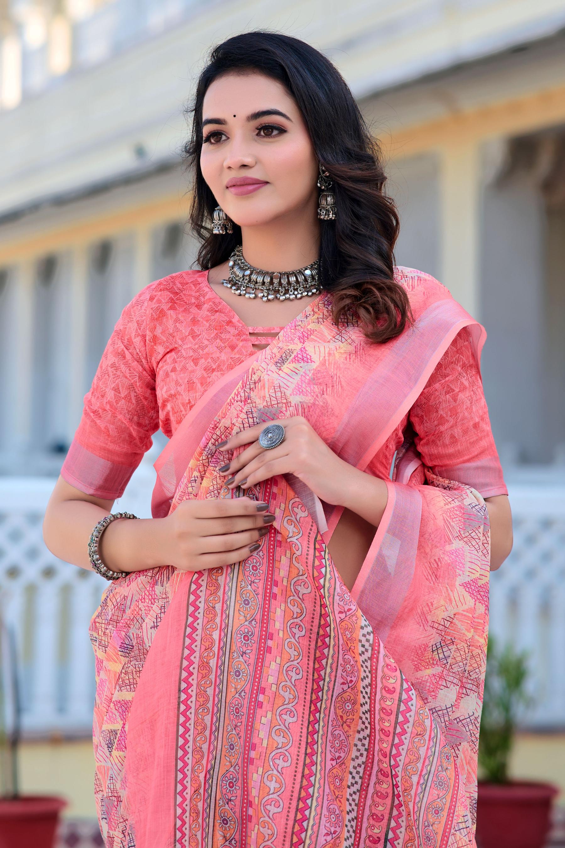 Pink Linen Cotton Saree