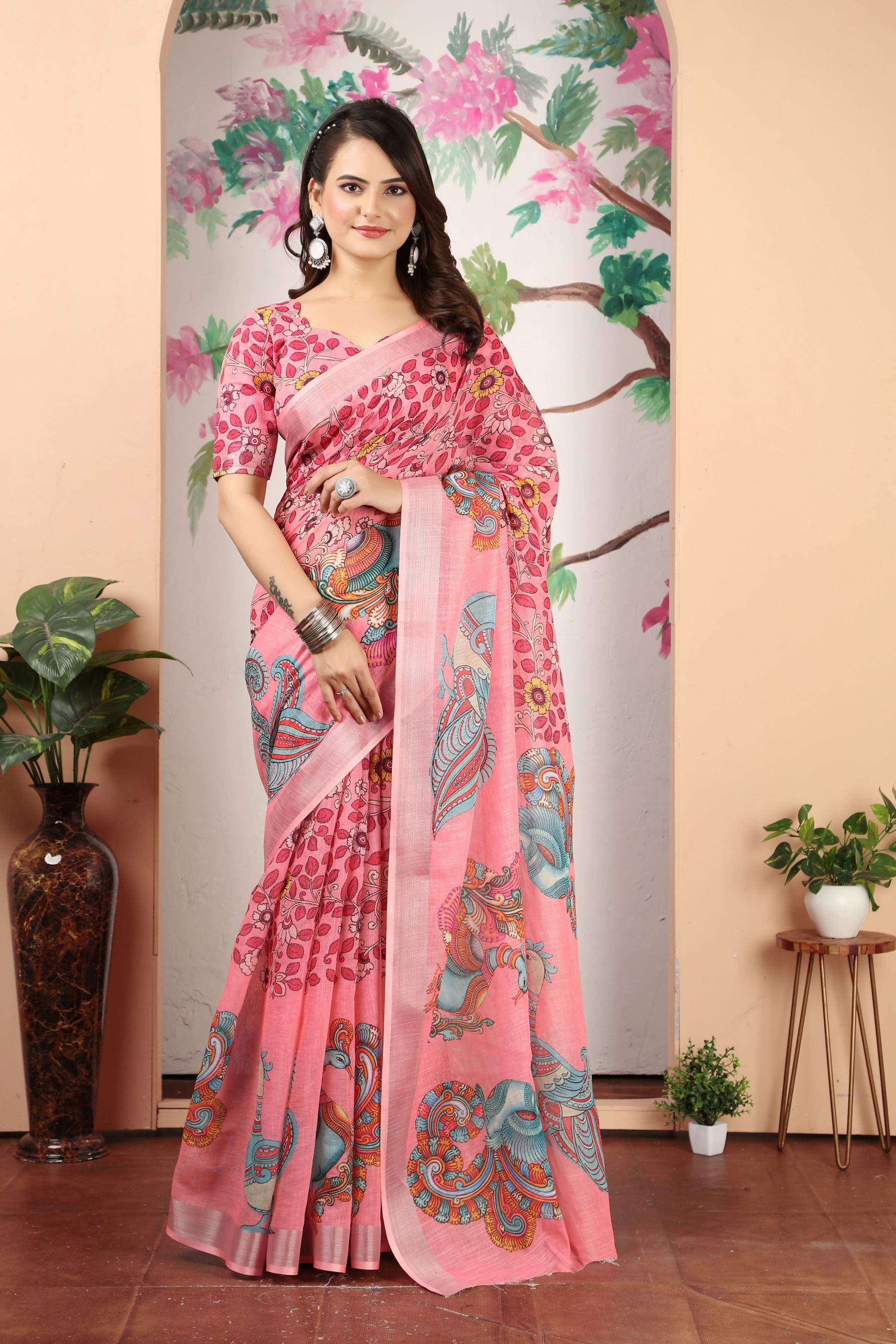Pink Linen Cotton Saree